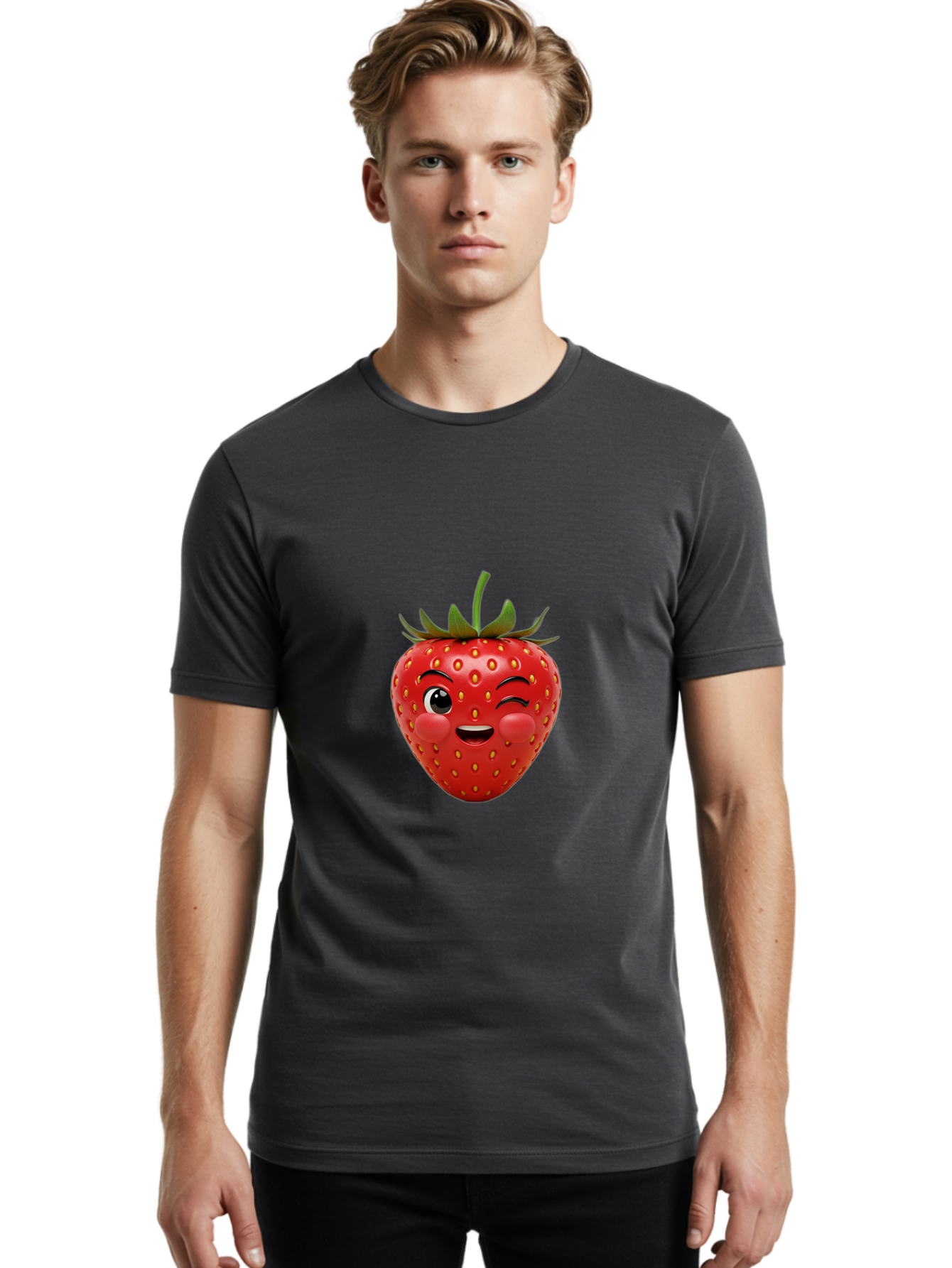 Winking-Strawberry-4 Men'S Graphic Tee, 100% Cotton, Comfortable Casual Summer Wear, Machine Washable, Cartoon Strawberry, Winking Face, Playful Fruit, Cute Emoji, Strawberry Character, Fun Illustration, Fresh Fruit, Sweet Treat, Bac561