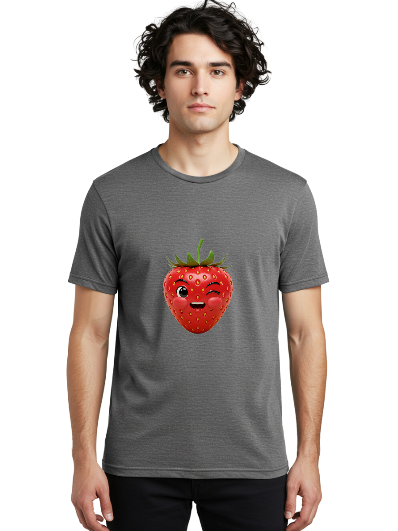 Winking-Strawberry-4 Men'S Graphic Tee, 100% Cotton, Comfortable Casual Summer Wear, Machine Washable, Cartoon Strawberry, Winking Face, Playful Fruit, Cute Emoji, Strawberry Character, Fun Illustration, Fresh Fruit, Sweet Treat, Bac561