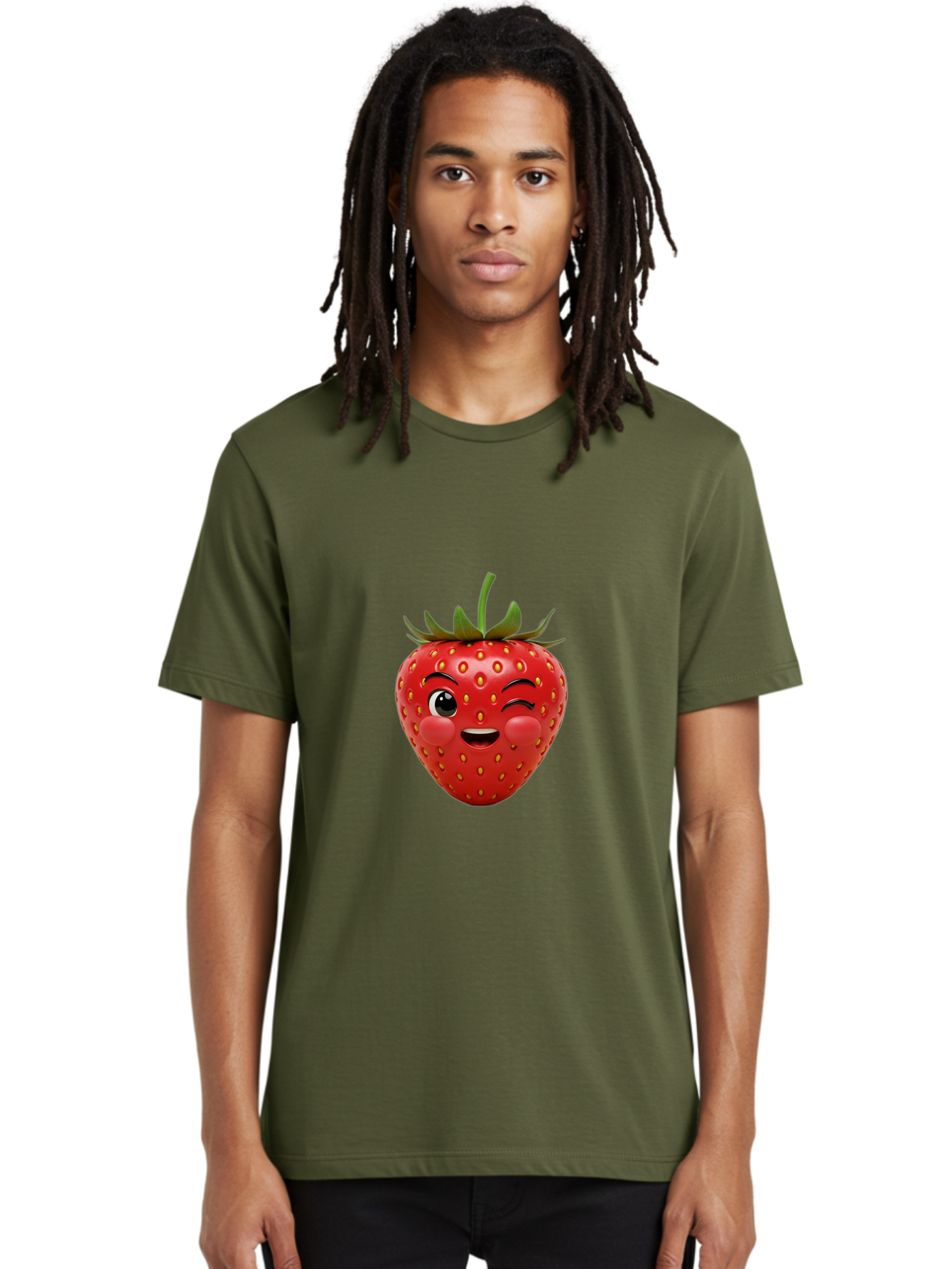 Winking-Strawberry-4 Men'S Graphic Tee, 100% Cotton, Comfortable Casual Summer Wear, Machine Washable, Cartoon Strawberry, Winking Face, Playful Fruit, Cute Emoji, Strawberry Character, Fun Illustration, Fresh Fruit, Sweet Treat, Bac561
