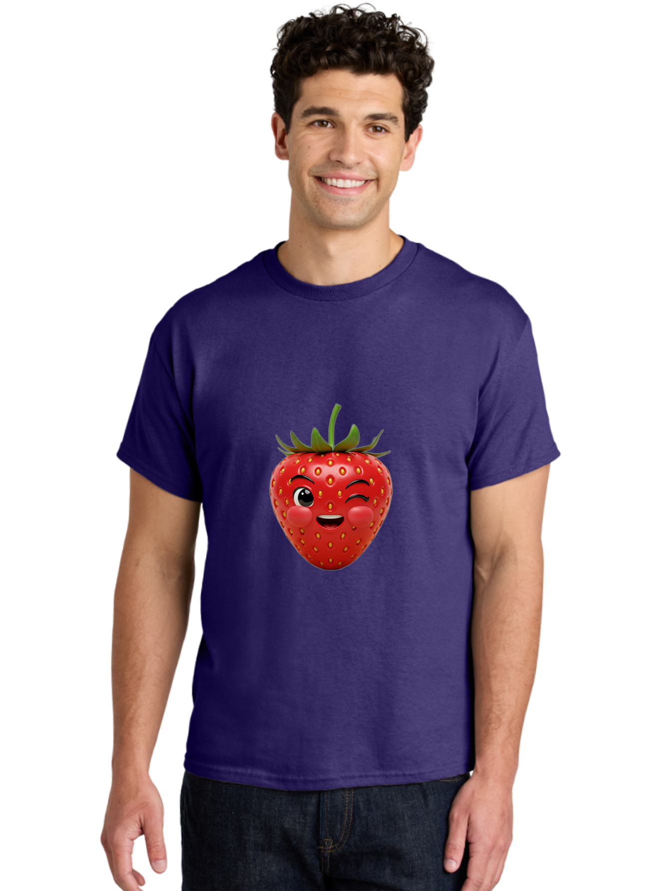 Winking-Strawberry-4 Men'S Graphic Tee, 100% Cotton, Comfortable Casual Summer Wear, Machine Washable, Cartoon Strawberry, Winking Face, Playful Fruit, Cute Emoji, Strawberry Character, Fun Illustration, Fresh Fruit, Sweet Treat, Bac561
