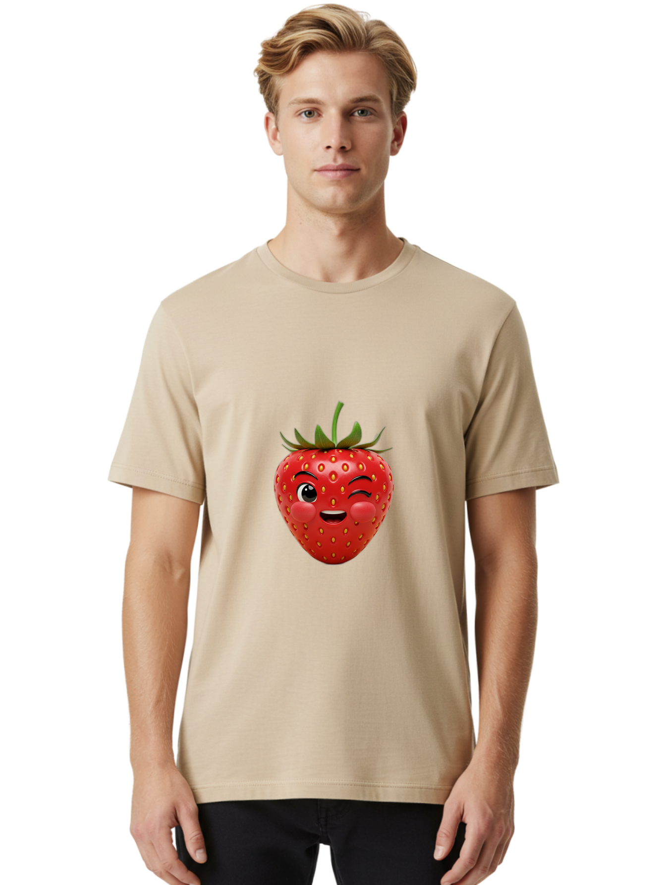 Winking-Strawberry-4 Men'S Graphic Tee, 100% Cotton, Comfortable Casual Summer Wear, Machine Washable, Cartoon Strawberry, Winking Face, Playful Fruit, Cute Emoji, Strawberry Character, Fun Illustration, Fresh Fruit, Sweet Treat, Bac561