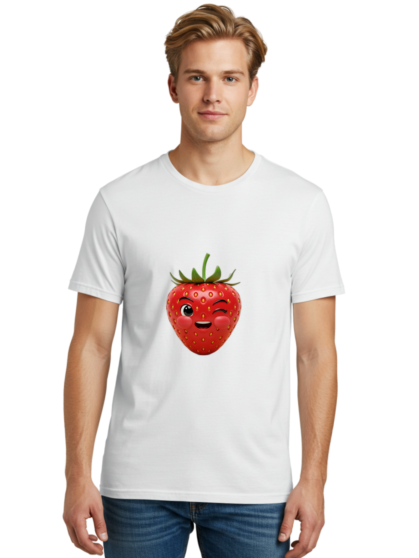 Winking-Strawberry-4 Men'S Graphic Tee, 100% Cotton, Comfortable Casual Summer Wear, Machine Washable, Cartoon Strawberry, Winking Face, Playful Fruit, Cute Emoji, Strawberry Character, Fun Illustration, Fresh Fruit, Sweet Treat, Bac561