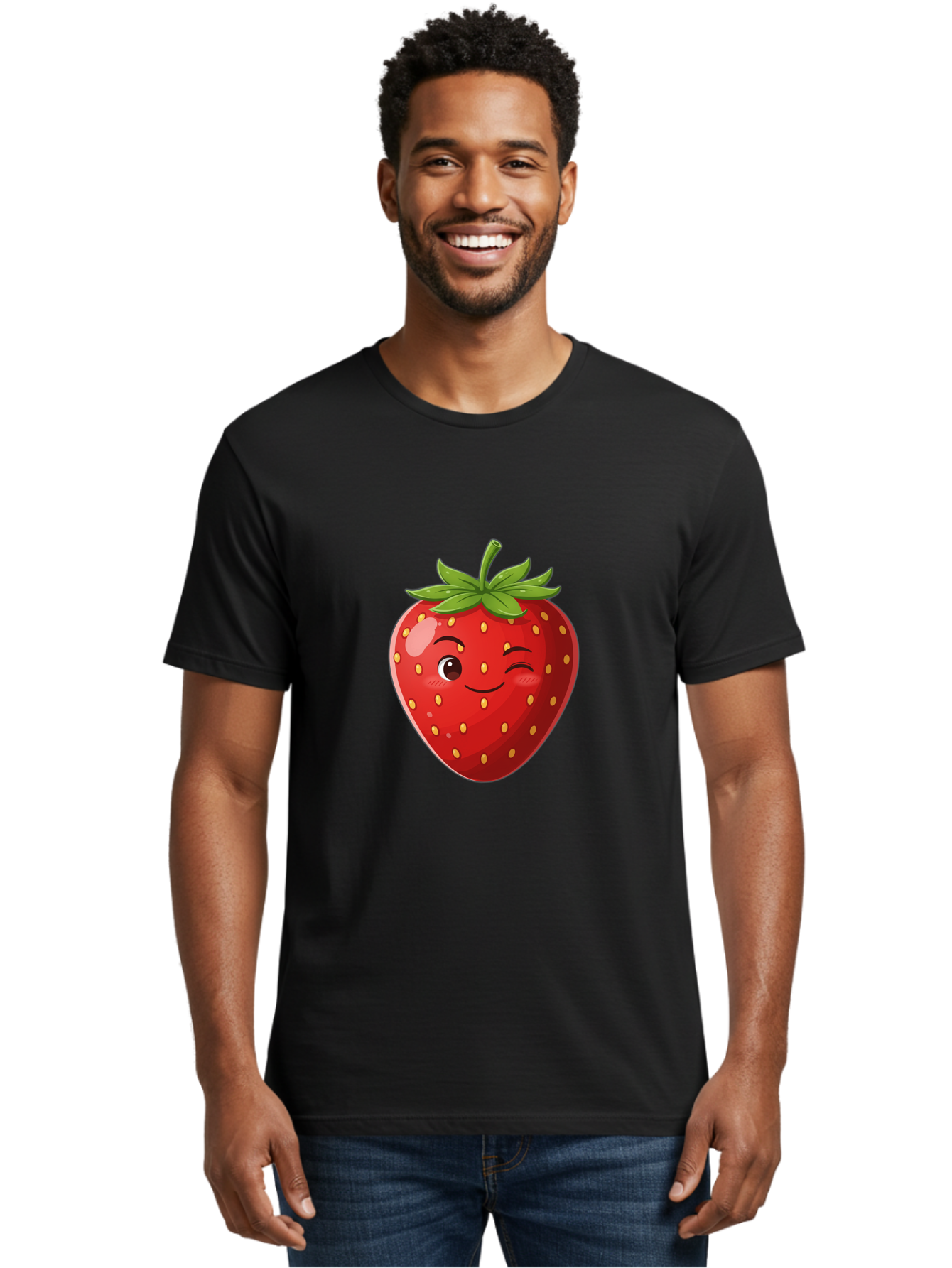 Winking-Strawberry-5 Men'S Graphic Tee, 100% Cotton, Comfortable Casual Summer Wear, Machine Washable, Strawberry With Face, Winking Strawberry, Cartoon Fruit, Smiling Fruit, Red Strawberry, Yellow Seeds, Green Leaves, Playful Character, Bac562