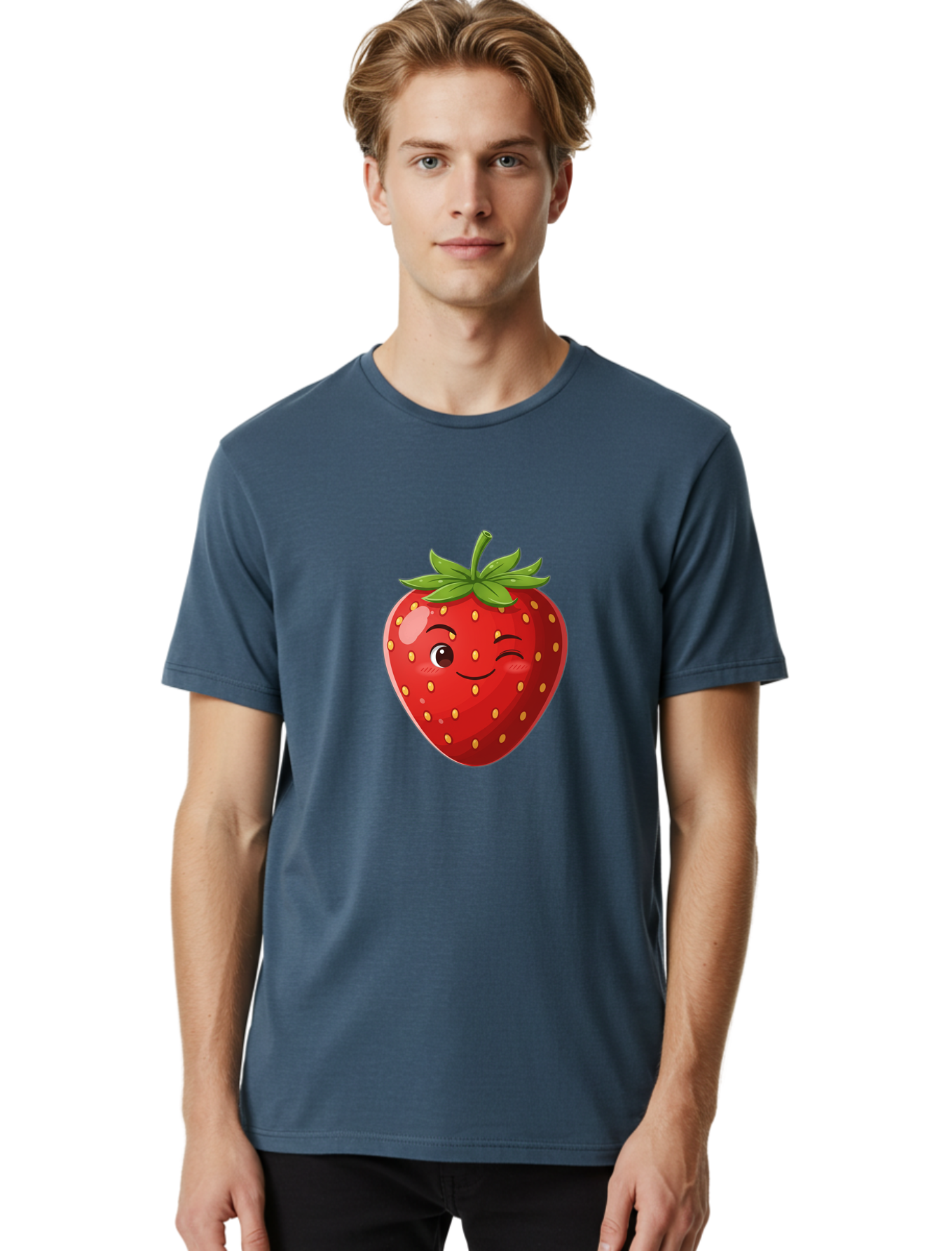 Winking-Strawberry-5 Men'S Graphic Tee, 100% Cotton, Comfortable Casual Summer Wear, Machine Washable, Strawberry With Face, Winking Strawberry, Cartoon Fruit, Smiling Fruit, Red Strawberry, Yellow Seeds, Green Leaves, Playful Character, Bac562