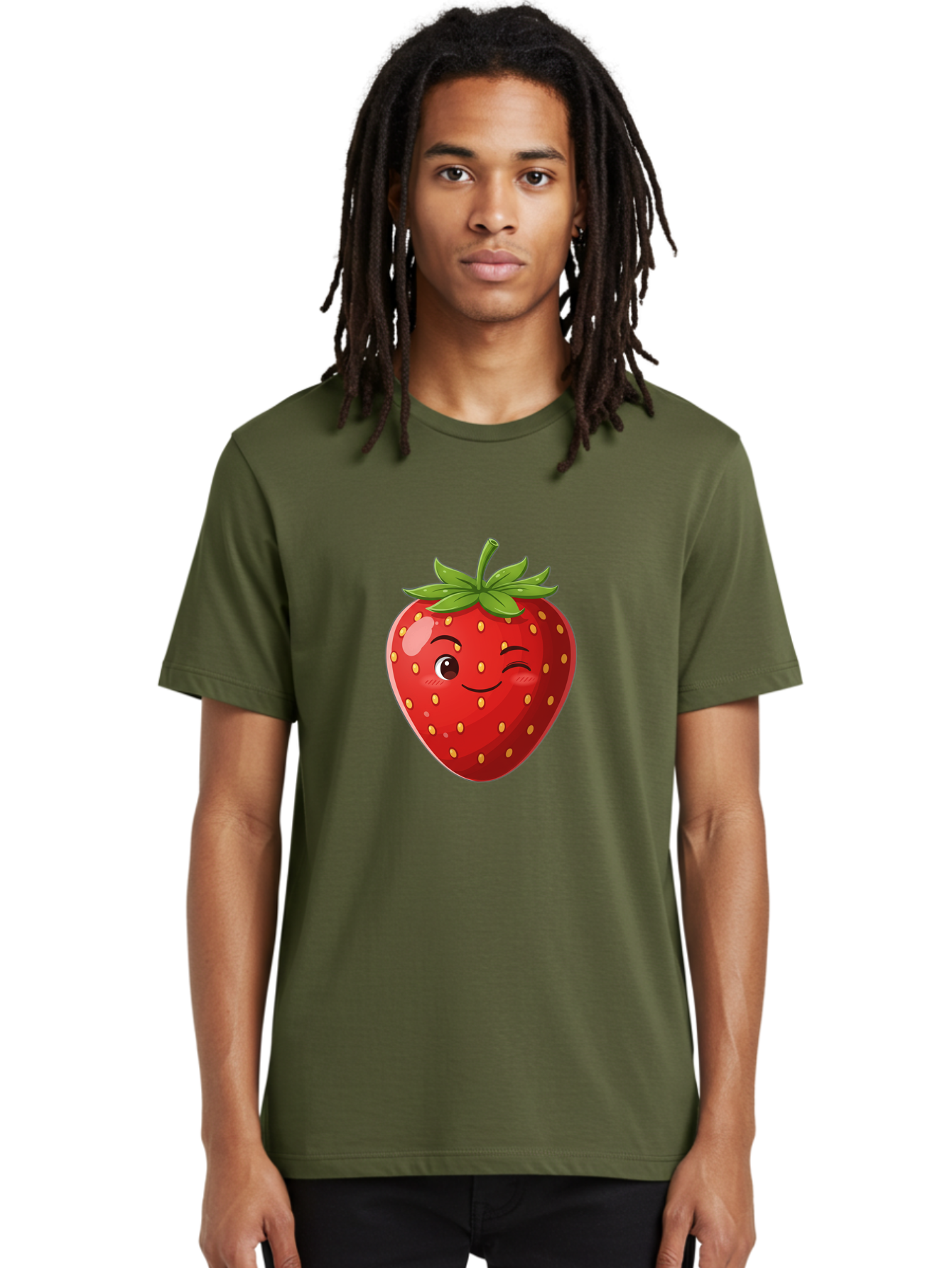 Winking-Strawberry-5 Men'S Graphic Tee, 100% Cotton, Comfortable Casual Summer Wear, Machine Washable, Strawberry With Face, Winking Strawberry, Cartoon Fruit, Smiling Fruit, Red Strawberry, Yellow Seeds, Green Leaves, Playful Character, Bac562