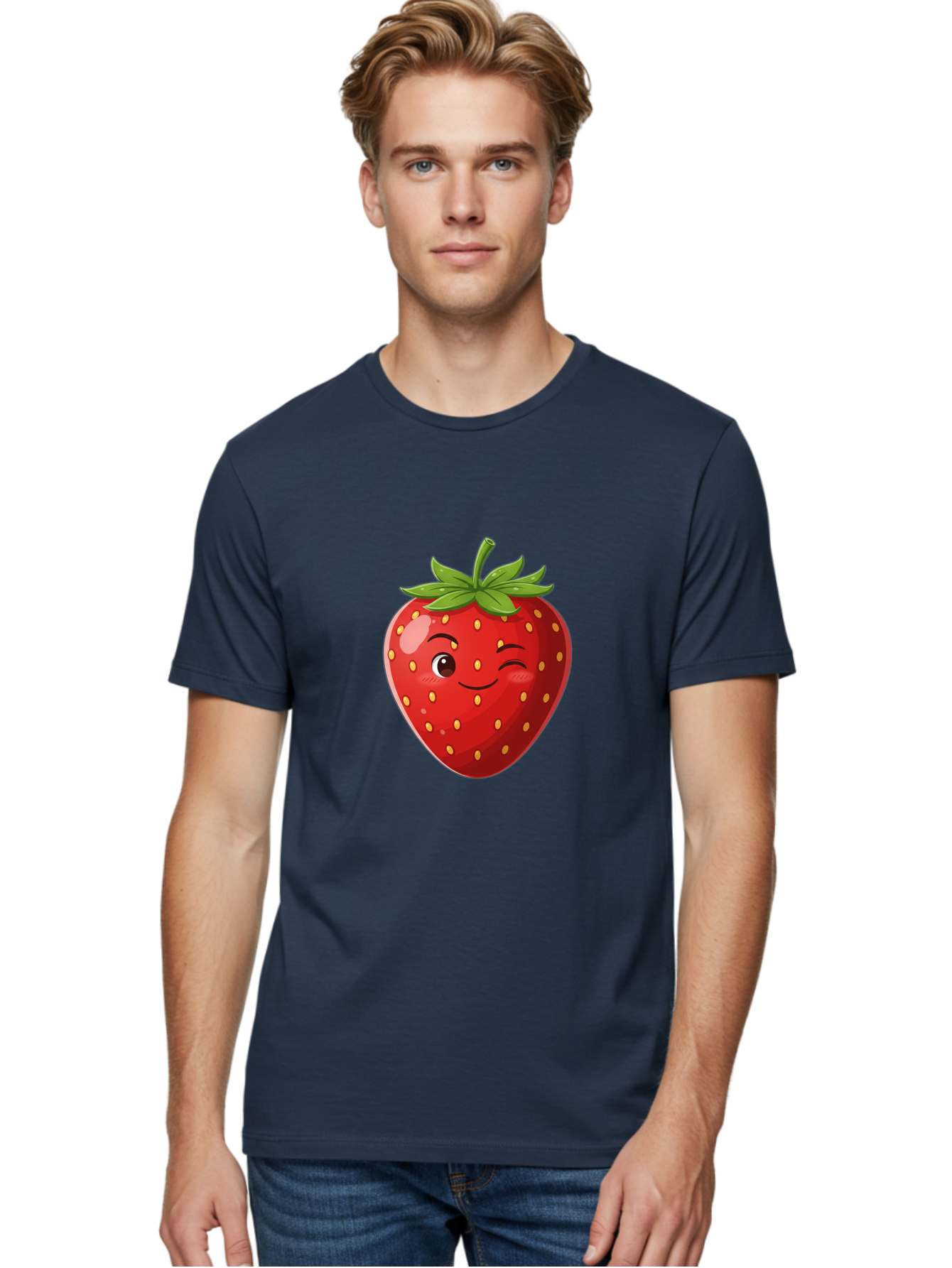 Winking-Strawberry-5 Men'S Graphic Tee, 100% Cotton, Comfortable Casual Summer Wear, Machine Washable, Strawberry With Face, Winking Strawberry, Cartoon Fruit, Smiling Fruit, Red Strawberry, Yellow Seeds, Green Leaves, Playful Character, Bac562