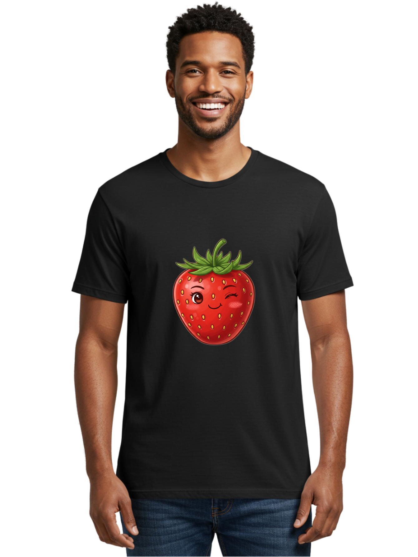 Winking-Strawberry-6 Men'S Graphic Tee, 100% Cotton, Comfortable Casual Summer Wear, Machine Washable, Winking Strawberry, Cartoon Fruit, Cute Face, Red Strawberry, Healthy Snack, Sweet Treat, Playful Emoji, Vibrant Red, Yellow Seeds, Bac563