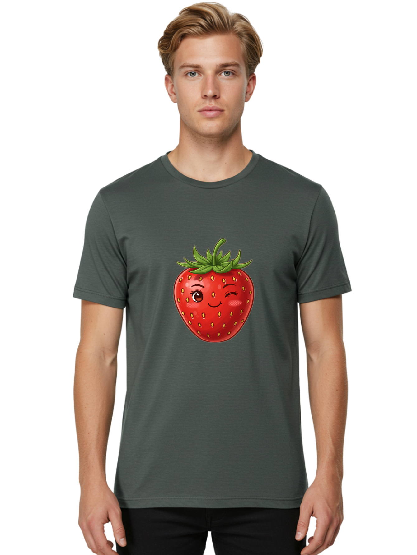 Winking-Strawberry-6 Men'S Graphic Tee, 100% Cotton, Comfortable Casual Summer Wear, Machine Washable, Winking Strawberry, Cartoon Fruit, Cute Face, Red Strawberry, Healthy Snack, Sweet Treat, Playful Emoji, Vibrant Red, Yellow Seeds, Bac563