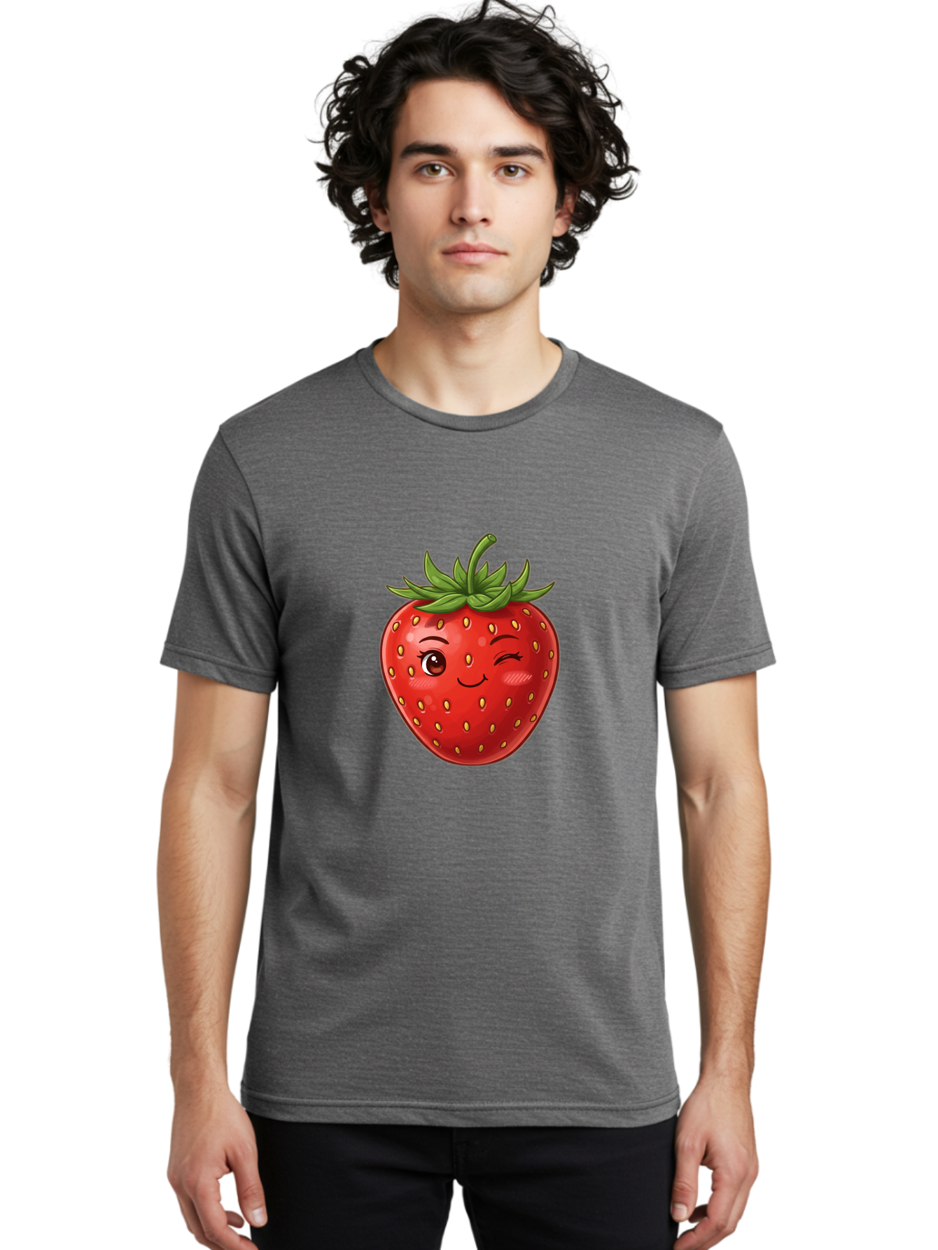 Winking-Strawberry-6 Men'S Graphic Tee, 100% Cotton, Comfortable Casual Summer Wear, Machine Washable, Winking Strawberry, Cartoon Fruit, Cute Face, Red Strawberry, Healthy Snack, Sweet Treat, Playful Emoji, Vibrant Red, Yellow Seeds, Bac563