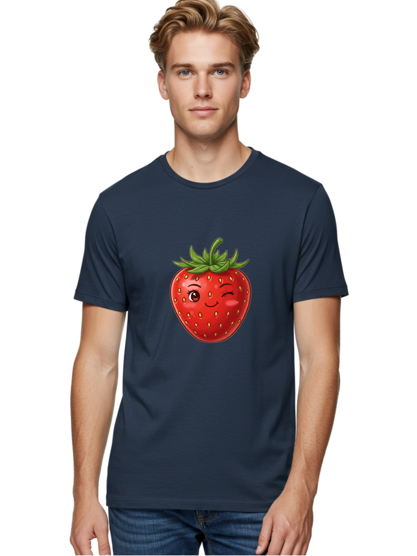 Winking-Strawberry-6 Men'S Graphic Tee, 100% Cotton, Comfortable Casual Summer Wear, Machine Washable, Winking Strawberry, Cartoon Fruit, Cute Face, Red Strawberry, Healthy Snack, Sweet Treat, Playful Emoji, Vibrant Red, Yellow Seeds, Bac563