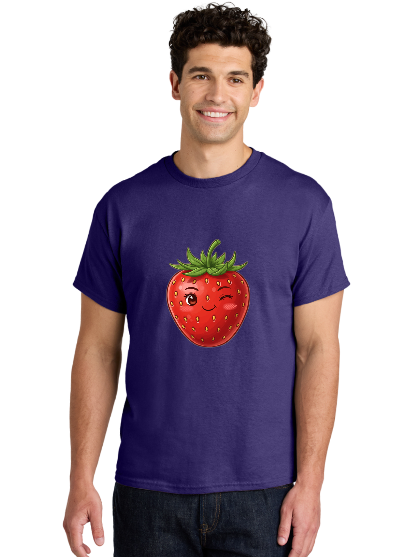Winking-Strawberry-6 Men'S Graphic Tee, 100% Cotton, Comfortable Casual Summer Wear, Machine Washable, Winking Strawberry, Cartoon Fruit, Cute Face, Red Strawberry, Healthy Snack, Sweet Treat, Playful Emoji, Vibrant Red, Yellow Seeds, Bac563