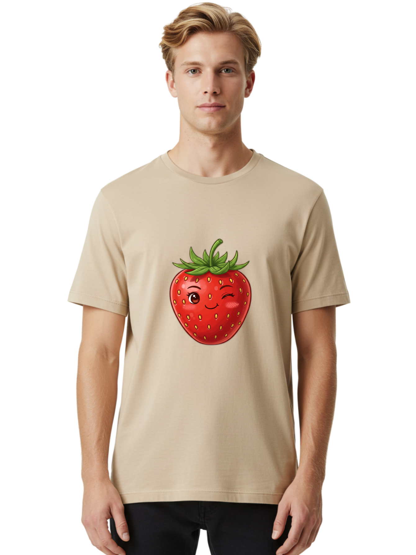 Winking-Strawberry-6 Men'S Graphic Tee, 100% Cotton, Comfortable Casual Summer Wear, Machine Washable, Winking Strawberry, Cartoon Fruit, Cute Face, Red Strawberry, Healthy Snack, Sweet Treat, Playful Emoji, Vibrant Red, Yellow Seeds, Bac563
