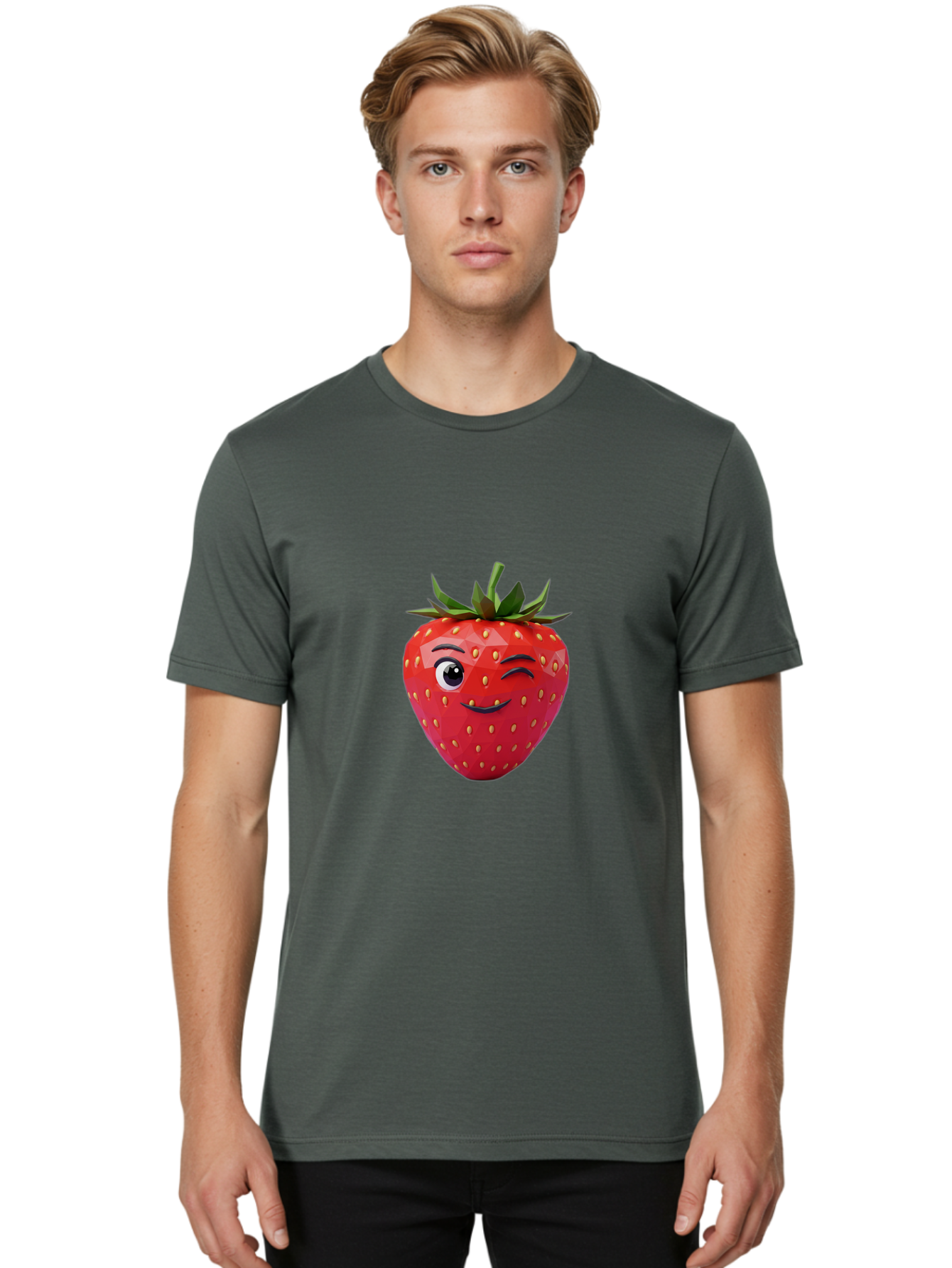 Winking-Strawberry-7 Men'S Graphic Tee, 100% Cotton, Comfortable Casual Summer Wear, Machine Washable, Winking Strawberry, Cute Strawberry, Cartoon Strawberry, Smiling Strawberry, Fruit Character, Adorable Fruit, Strawberry Face, Bac564
