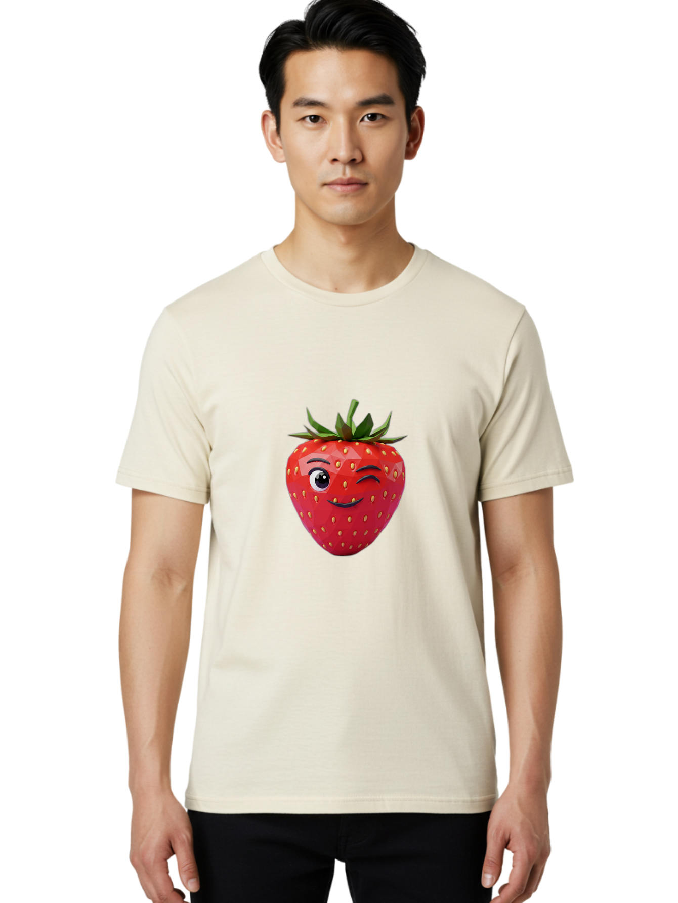 Winking-Strawberry-7 Men'S Graphic Tee, 100% Cotton, Comfortable Casual Summer Wear, Machine Washable, Winking Strawberry, Cute Strawberry, Cartoon Strawberry, Smiling Strawberry, Fruit Character, Adorable Fruit, Strawberry Face, Bac564