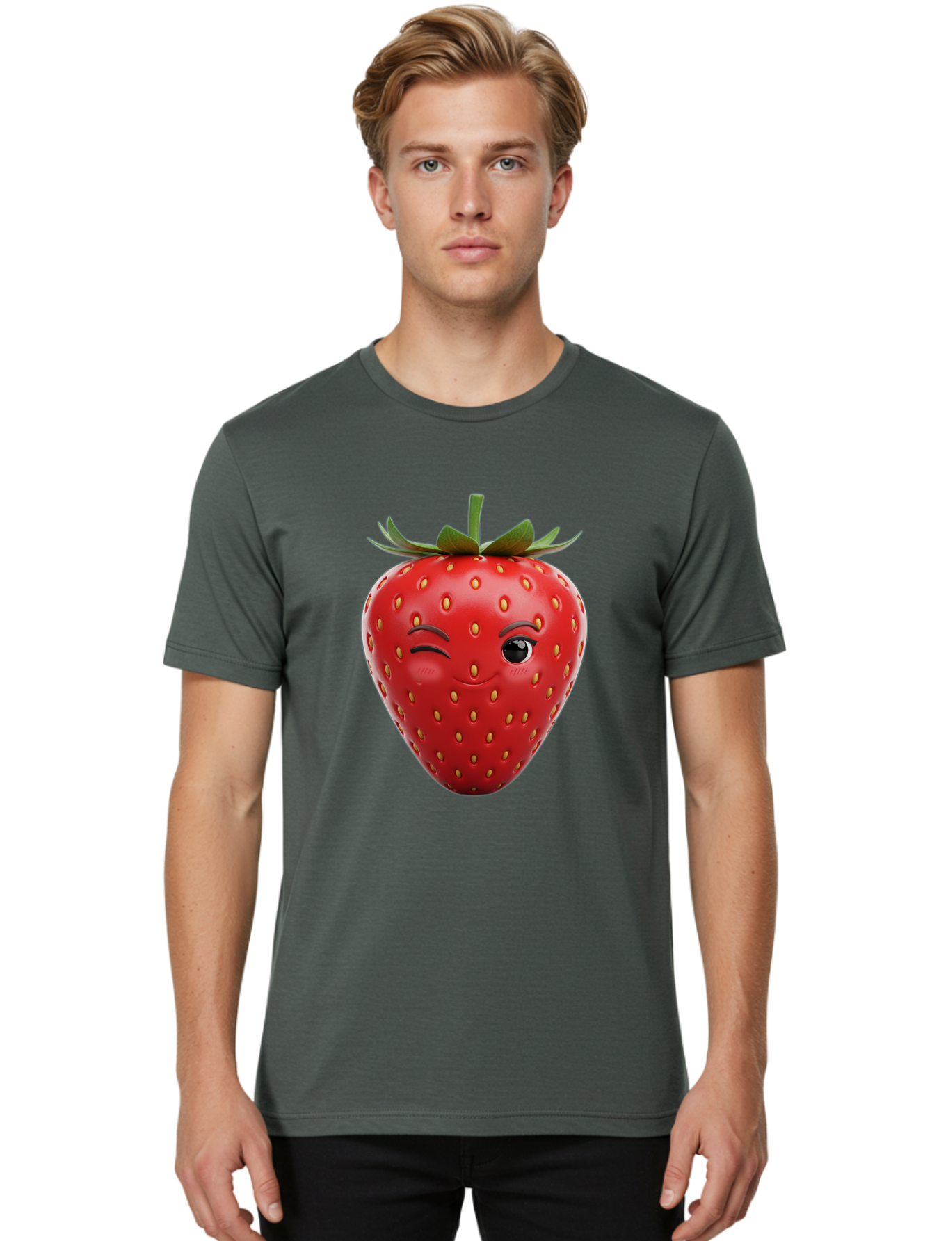 Winking-Strawberry-8 Men'S Graphic Tee, 100% Cotton, Comfortable Casual Summer Wear, Machine Washable, Cartoon Strawberry, Winking Face, Anthropomorphic Fruit, Red Fruit, Yellow Seeds, Green Leaves, Playful Expression, Whimsical Character, Bac565