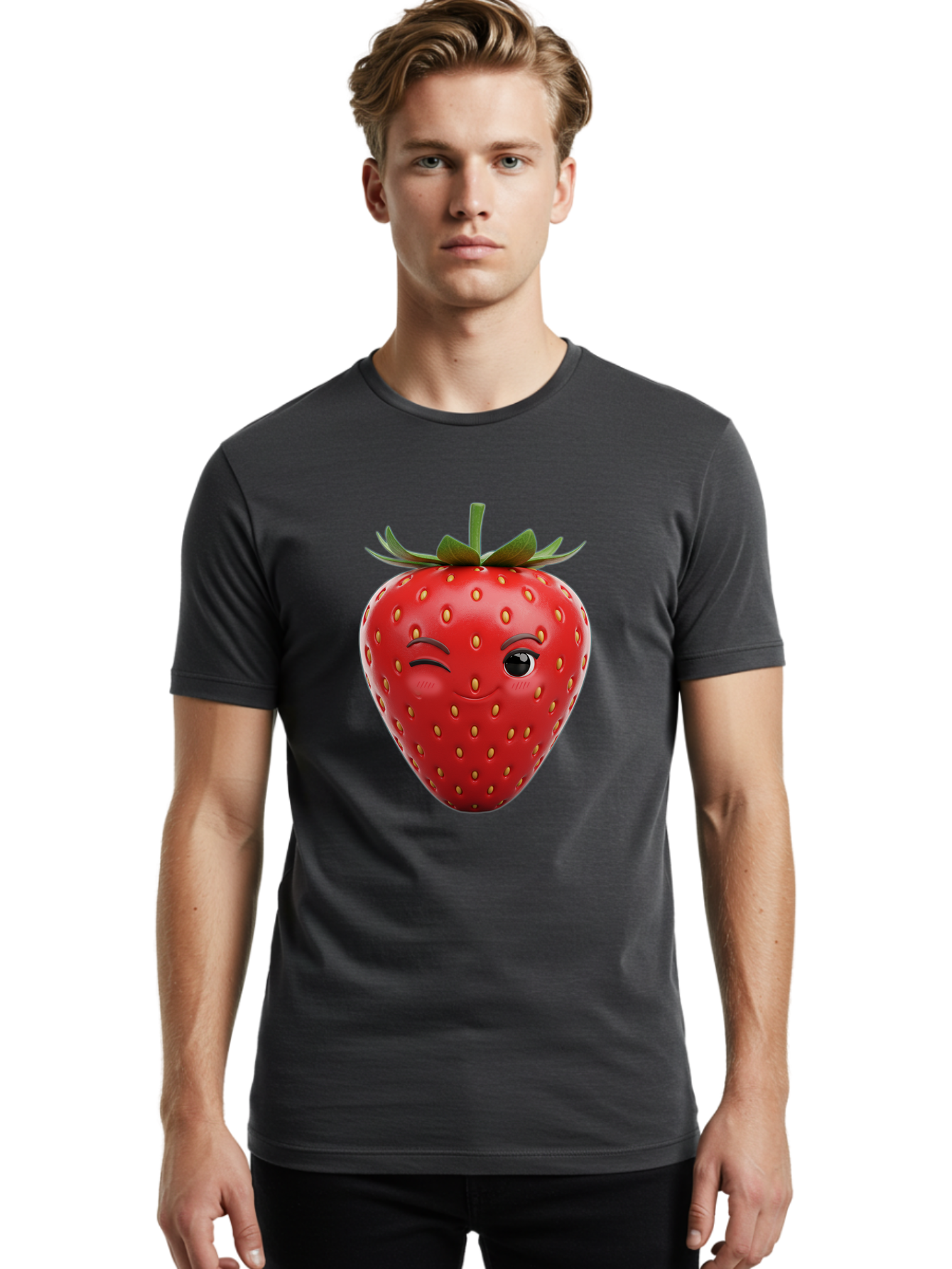 Winking-Strawberry-8 Men'S Graphic Tee, 100% Cotton, Comfortable Casual Summer Wear, Machine Washable, Cartoon Strawberry, Winking Face, Anthropomorphic Fruit, Red Fruit, Yellow Seeds, Green Leaves, Playful Expression, Whimsical Character, Bac565