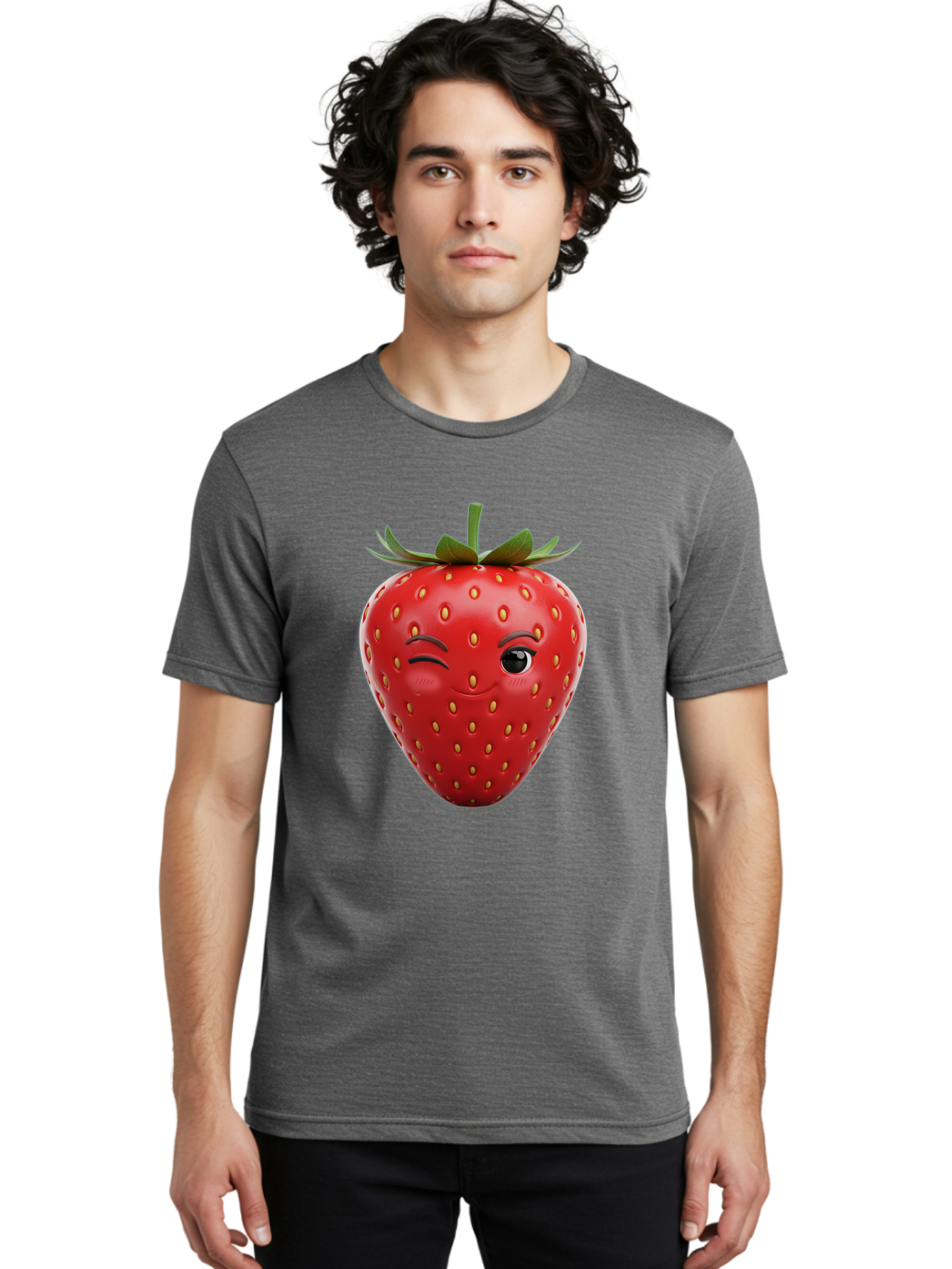 Winking-Strawberry-8 Men'S Graphic Tee, 100% Cotton, Comfortable Casual Summer Wear, Machine Washable, Cartoon Strawberry, Winking Face, Anthropomorphic Fruit, Red Fruit, Yellow Seeds, Green Leaves, Playful Expression, Whimsical Character, Bac565