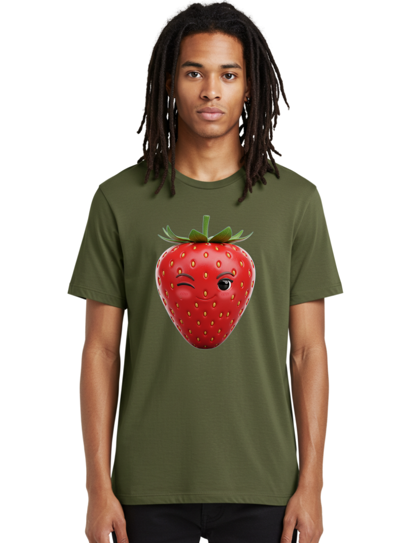 Winking-Strawberry-8 Men'S Graphic Tee, 100% Cotton, Comfortable Casual Summer Wear, Machine Washable, Cartoon Strawberry, Winking Face, Anthropomorphic Fruit, Red Fruit, Yellow Seeds, Green Leaves, Playful Expression, Whimsical Character, Bac565