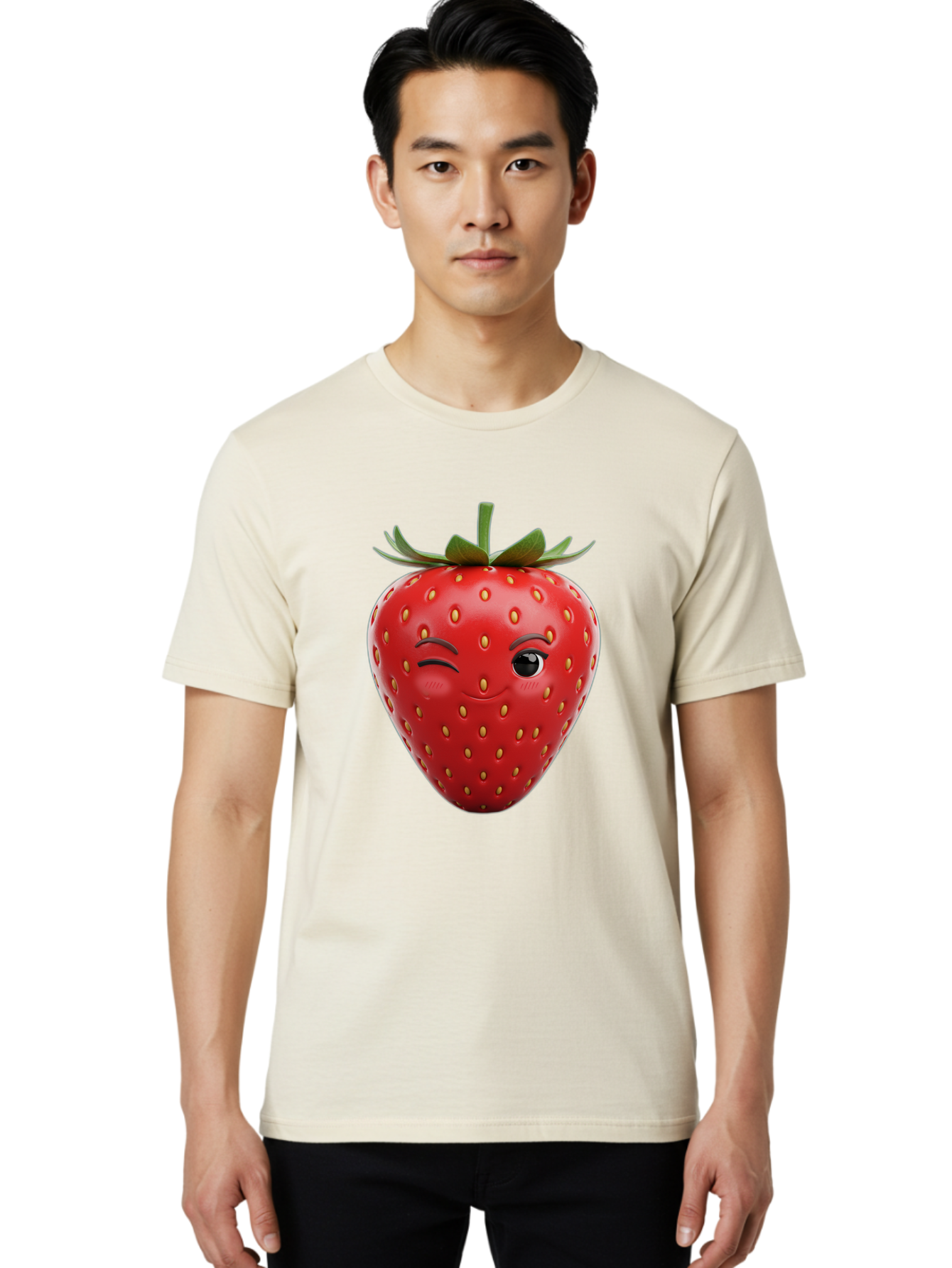 Winking-Strawberry-8 Men'S Graphic Tee, 100% Cotton, Comfortable Casual Summer Wear, Machine Washable, Cartoon Strawberry, Winking Face, Anthropomorphic Fruit, Red Fruit, Yellow Seeds, Green Leaves, Playful Expression, Whimsical Character, Bac565