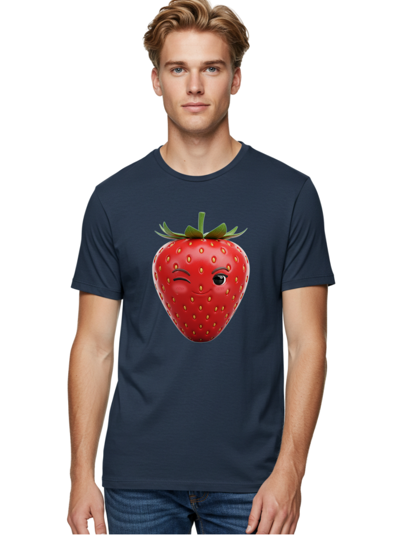 Winking-Strawberry-8 Men'S Graphic Tee, 100% Cotton, Comfortable Casual Summer Wear, Machine Washable, Cartoon Strawberry, Winking Face, Anthropomorphic Fruit, Red Fruit, Yellow Seeds, Green Leaves, Playful Expression, Whimsical Character, Bac565