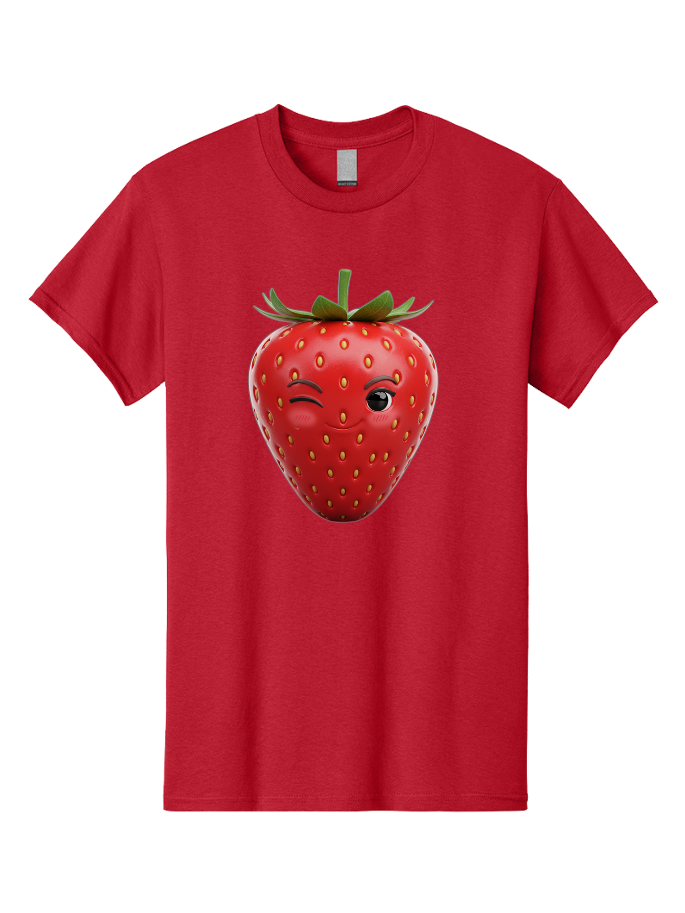 Winking-Strawberry-8 Men'S Graphic Tee, 100% Cotton, Comfortable Casual Summer Wear, Machine Washable, Cartoon Strawberry, Winking Face, Anthropomorphic Fruit, Red Fruit, Yellow Seeds, Green Leaves, Playful Expression, Whimsical Character, Bac565