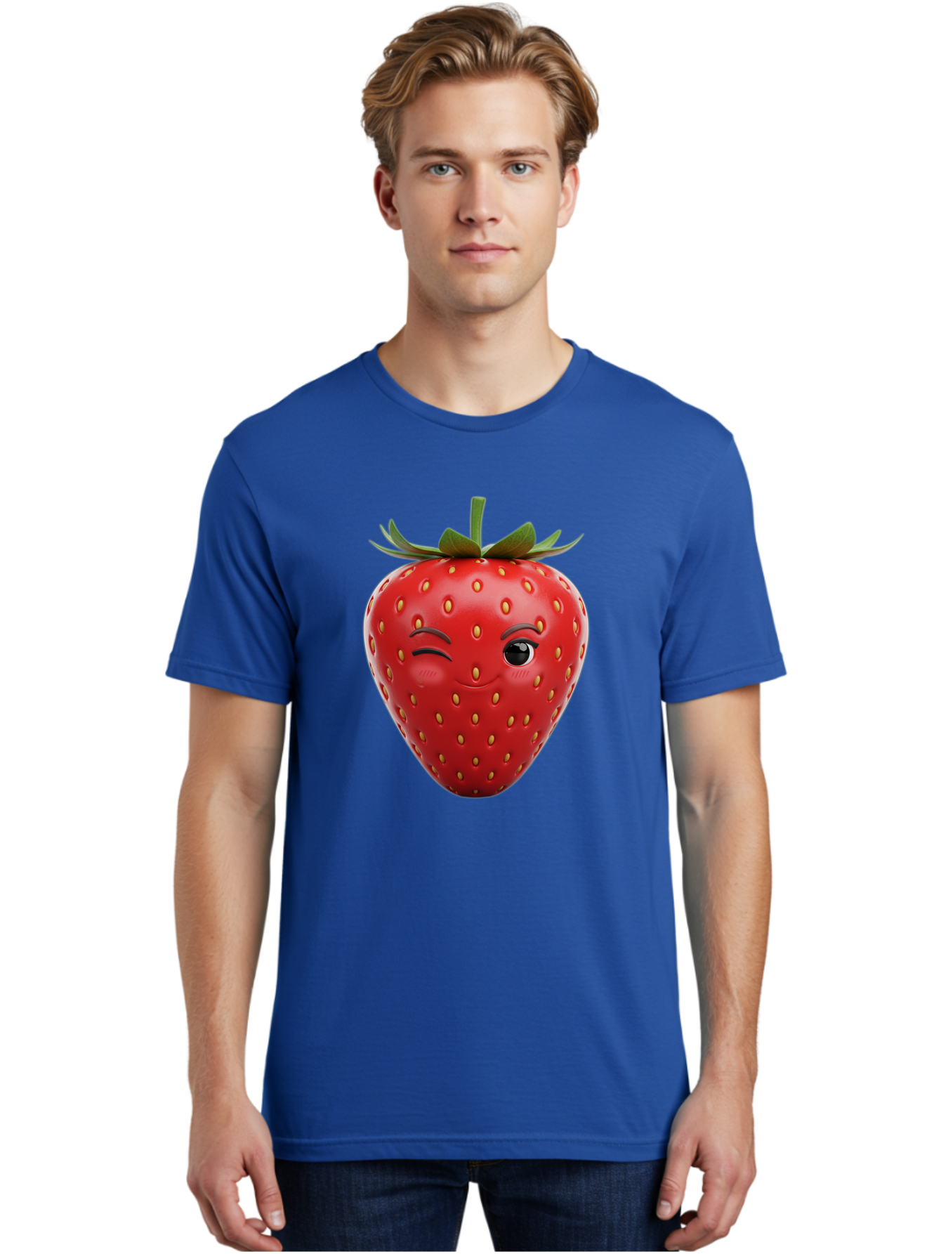 Winking-Strawberry-8 Men'S Graphic Tee, 100% Cotton, Comfortable Casual Summer Wear, Machine Washable, Cartoon Strawberry, Winking Face, Anthropomorphic Fruit, Red Fruit, Yellow Seeds, Green Leaves, Playful Expression, Whimsical Character, Bac565