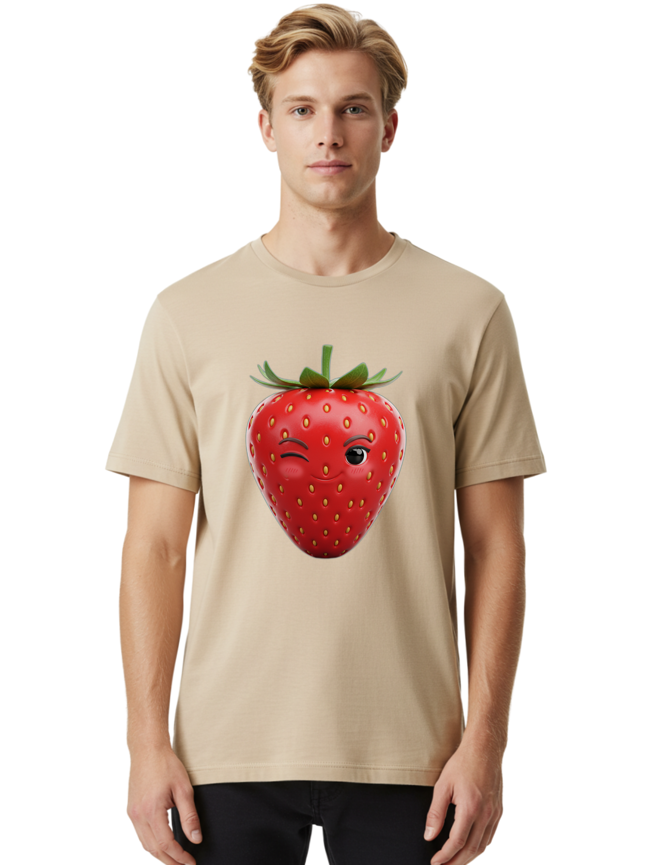 Winking-Strawberry-8 Men'S Graphic Tee, 100% Cotton, Comfortable Casual Summer Wear, Machine Washable, Cartoon Strawberry, Winking Face, Anthropomorphic Fruit, Red Fruit, Yellow Seeds, Green Leaves, Playful Expression, Whimsical Character, Bac565