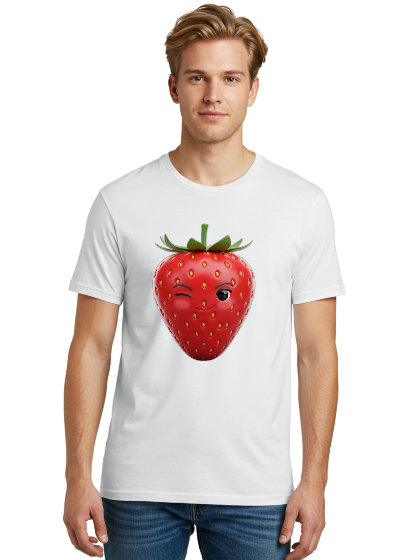 Winking-Strawberry-8 Men'S Graphic Tee, 100% Cotton, Comfortable Casual Summer Wear, Machine Washable, Cartoon Strawberry, Winking Face, Anthropomorphic Fruit, Red Fruit, Yellow Seeds, Green Leaves, Playful Expression, Whimsical Character, Bac565