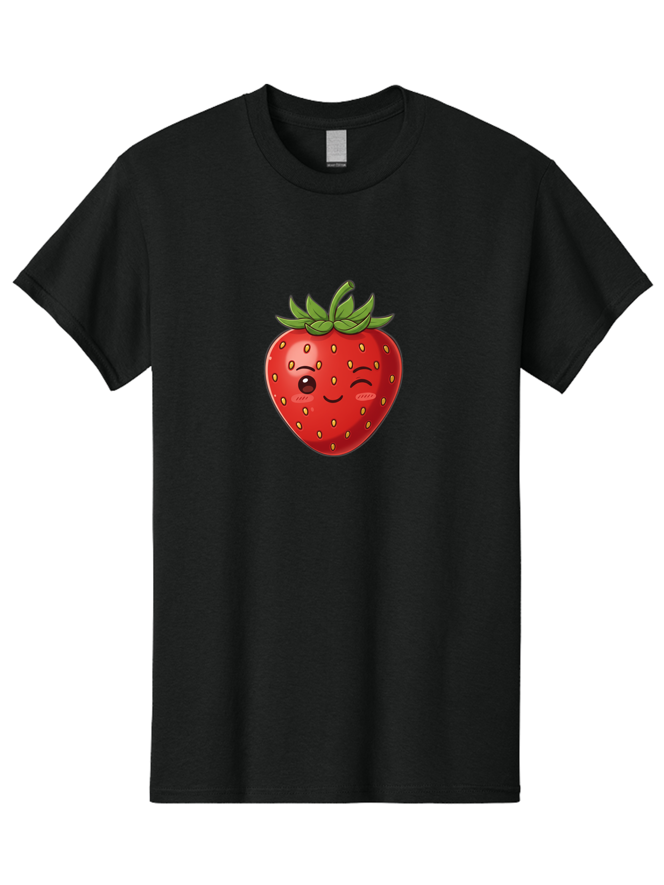 Winking-Strawberry-9 Men'S Graphic Tee, 100% Cotton, Comfortable Casual Summer Wear, Machine Washable, Cartoon Strawberry, Winking Face, Playful Fruit, Kawaii Character, Sweet Illustration, Vibrant Red, Yellow Seeds, Green Leaves, Bac566