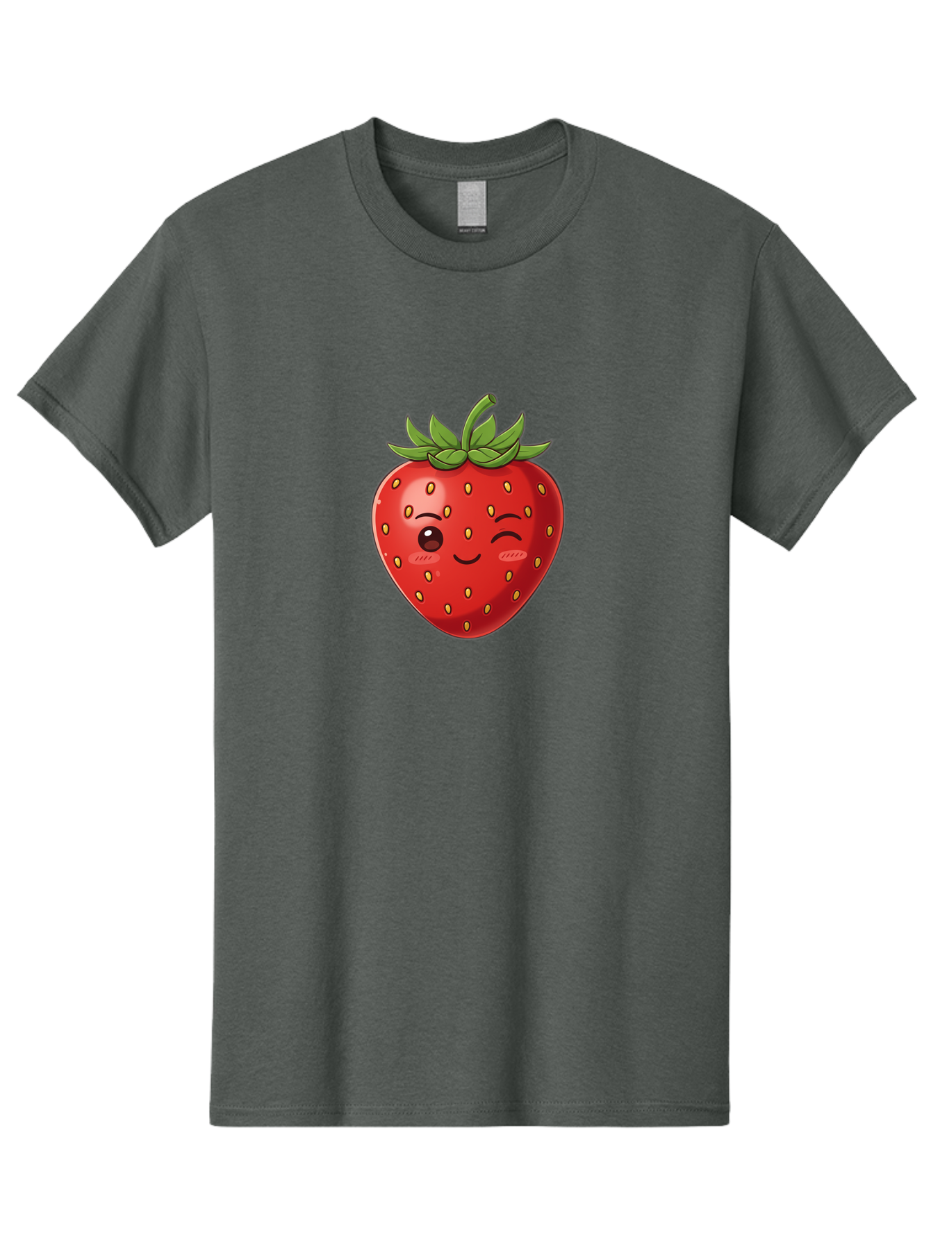 Winking-Strawberry-9 Men'S Graphic Tee, 100% Cotton, Comfortable Casual Summer Wear, Machine Washable, Cartoon Strawberry, Winking Face, Playful Fruit, Kawaii Character, Sweet Illustration, Vibrant Red, Yellow Seeds, Green Leaves, Bac566