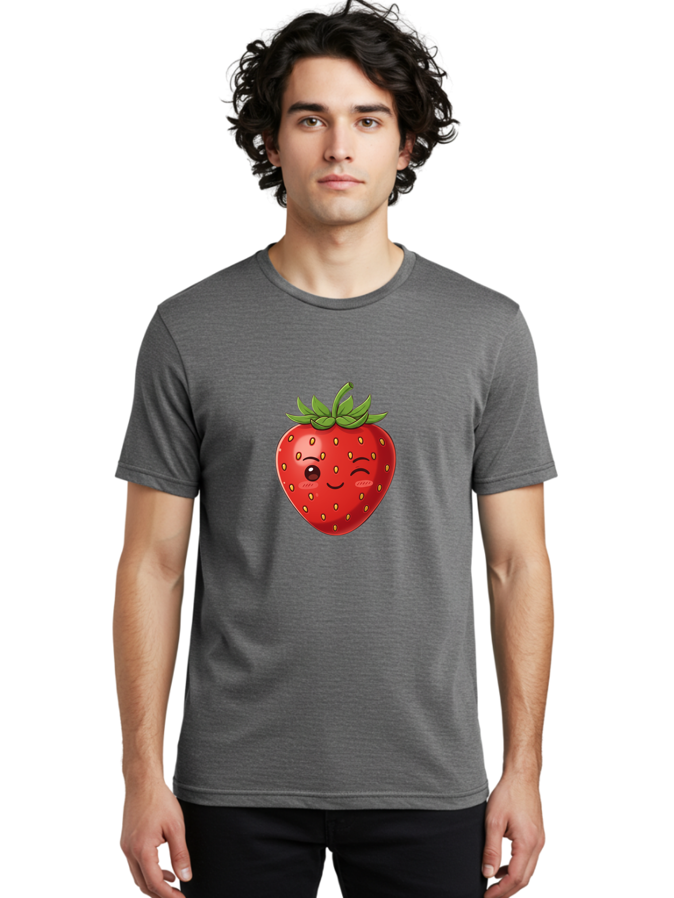 Winking-Strawberry-9 Men'S Graphic Tee, 100% Cotton, Comfortable Casual Summer Wear, Machine Washable, Cartoon Strawberry, Winking Face, Playful Fruit, Kawaii Character, Sweet Illustration, Vibrant Red, Yellow Seeds, Green Leaves, Bac566