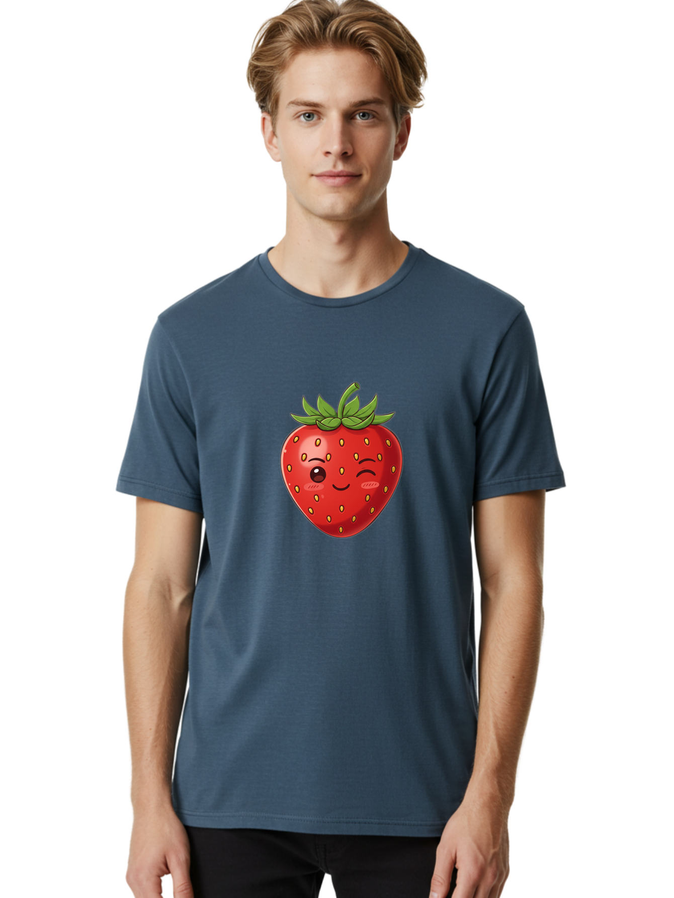 Winking-Strawberry-9 Men'S Graphic Tee, 100% Cotton, Comfortable Casual Summer Wear, Machine Washable, Cartoon Strawberry, Winking Face, Playful Fruit, Kawaii Character, Sweet Illustration, Vibrant Red, Yellow Seeds, Green Leaves, Bac566