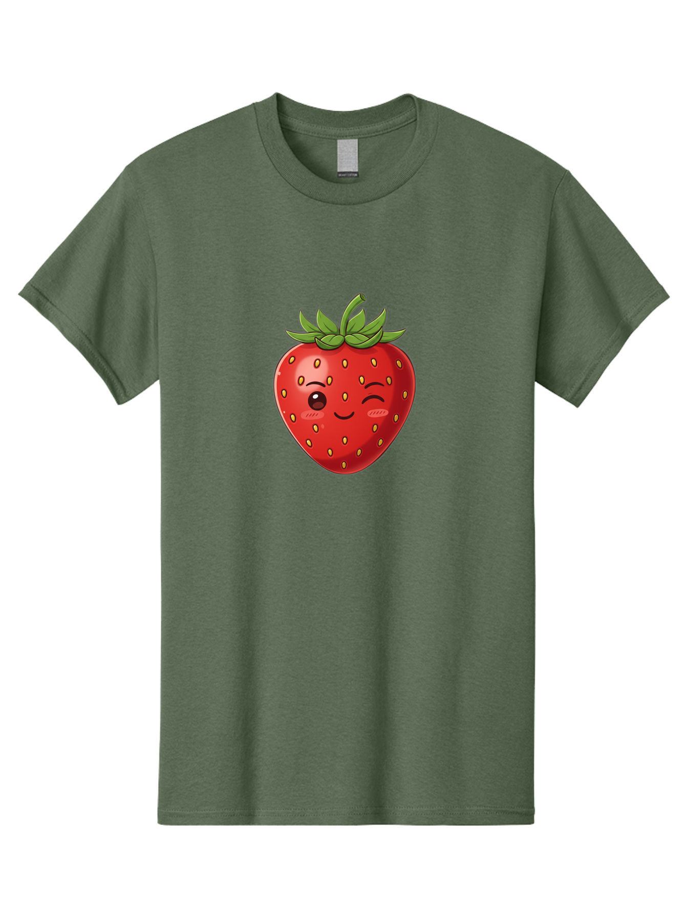 Winking-Strawberry-9 Men'S Graphic Tee, 100% Cotton, Comfortable Casual Summer Wear, Machine Washable, Cartoon Strawberry, Winking Face, Playful Fruit, Kawaii Character, Sweet Illustration, Vibrant Red, Yellow Seeds, Green Leaves, Bac566