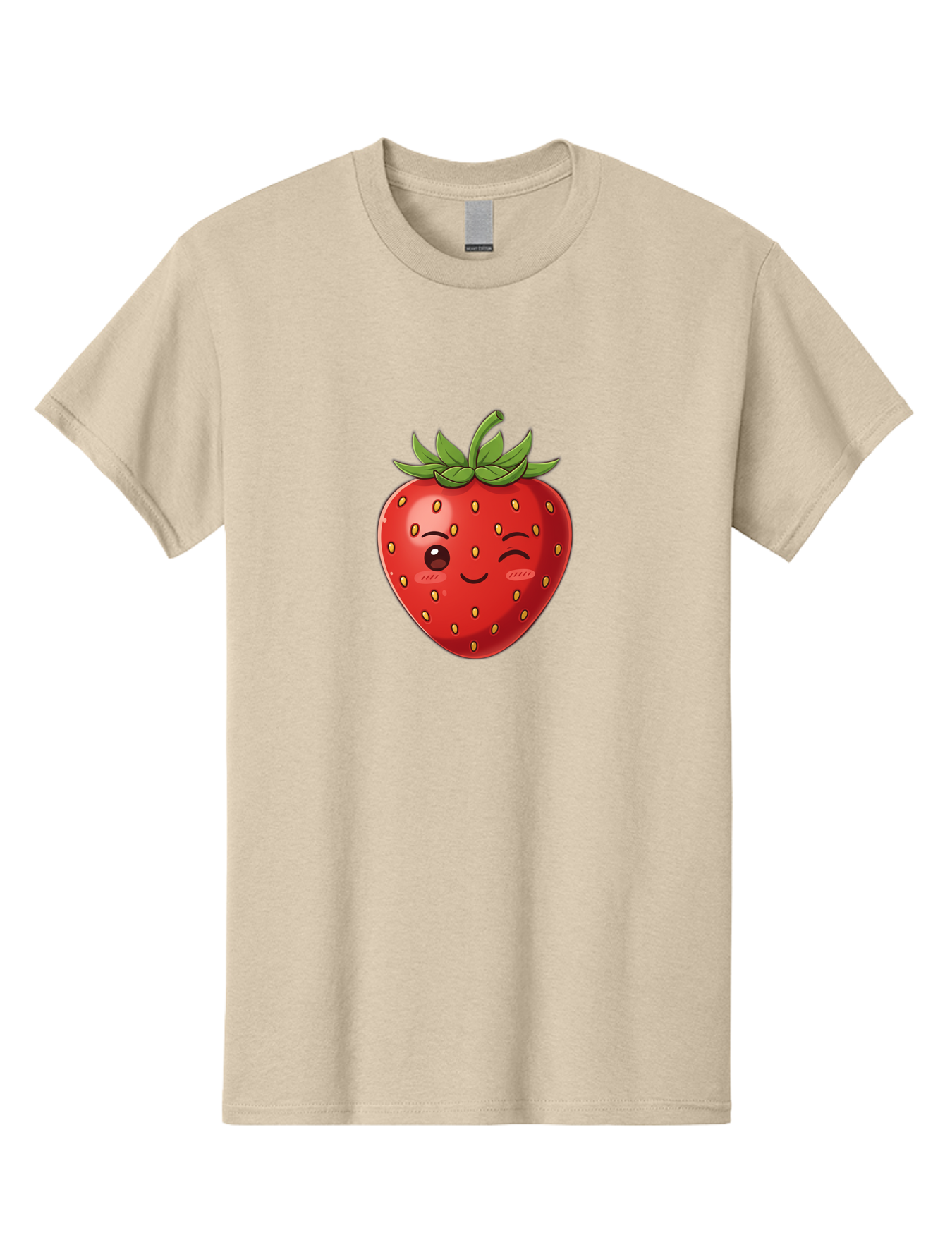 Winking-Strawberry-9 Men'S Graphic Tee, 100% Cotton, Comfortable Casual Summer Wear, Machine Washable, Cartoon Strawberry, Winking Face, Playful Fruit, Kawaii Character, Sweet Illustration, Vibrant Red, Yellow Seeds, Green Leaves, Bac566