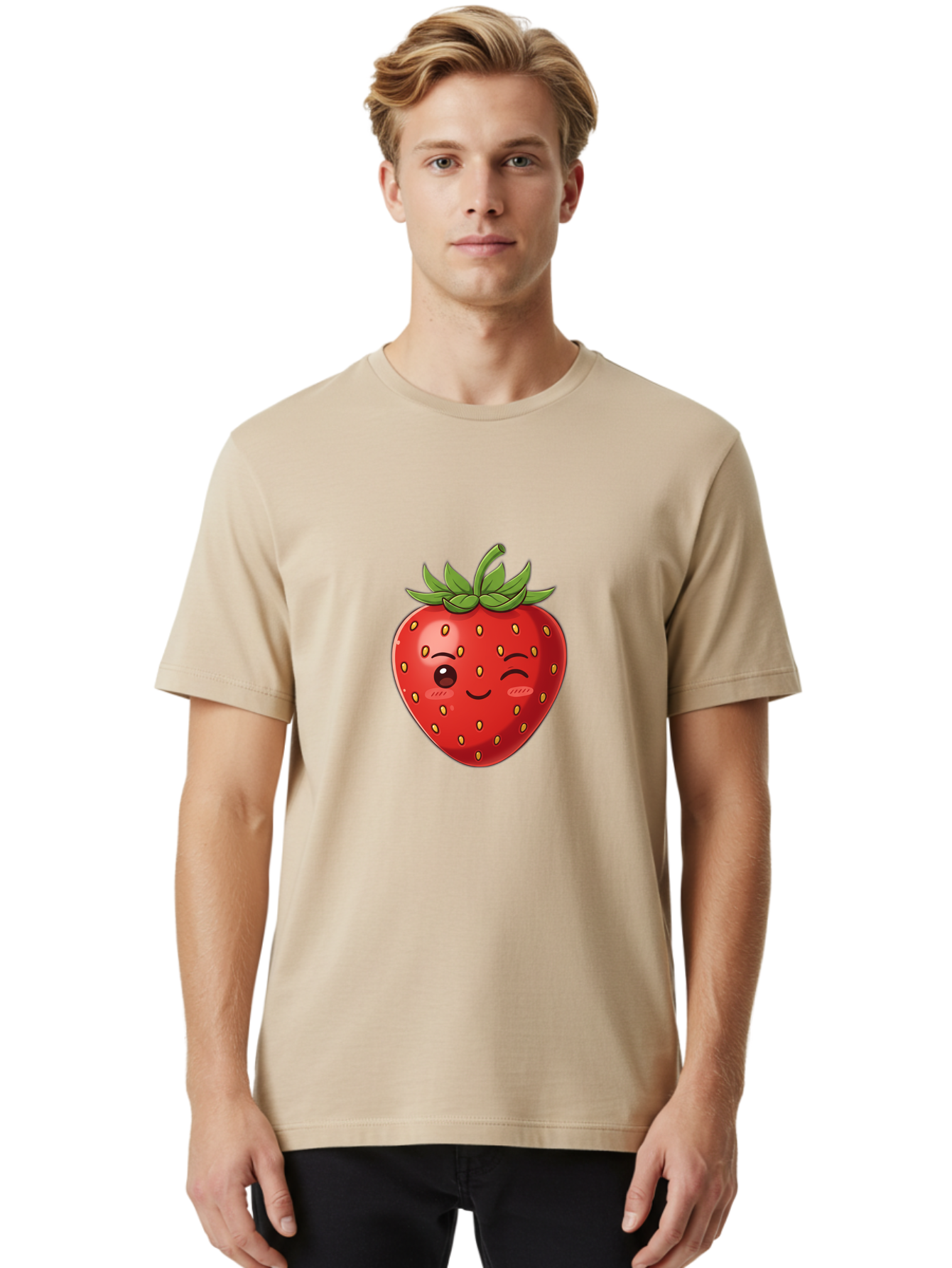 Winking-Strawberry-9 Men'S Graphic Tee, 100% Cotton, Comfortable Casual Summer Wear, Machine Washable, Cartoon Strawberry, Winking Face, Playful Fruit, Kawaii Character, Sweet Illustration, Vibrant Red, Yellow Seeds, Green Leaves, Bac566