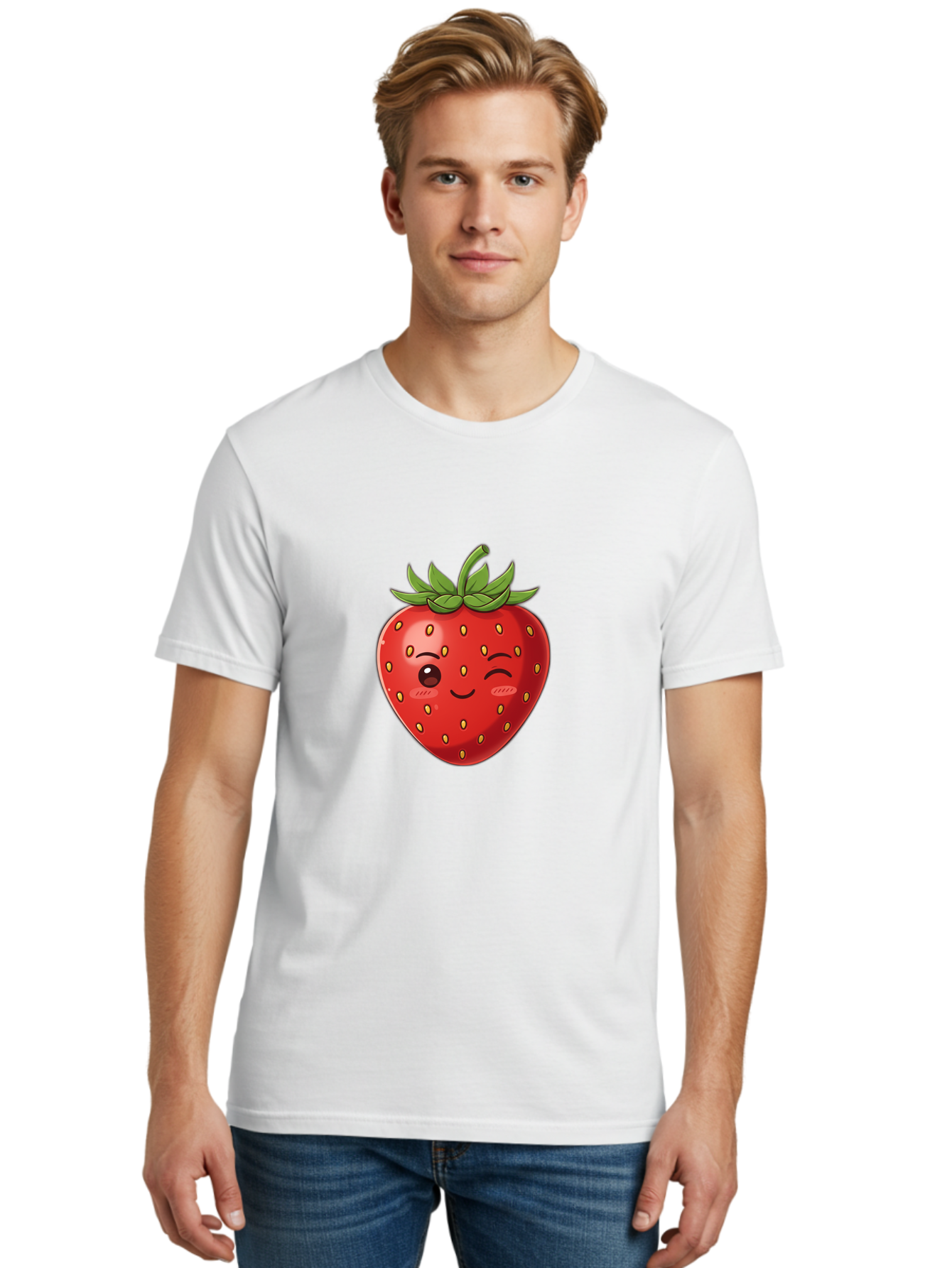 Winking-Strawberry-9 Men'S Graphic Tee, 100% Cotton, Comfortable Casual Summer Wear, Machine Washable, Cartoon Strawberry, Winking Face, Playful Fruit, Kawaii Character, Sweet Illustration, Vibrant Red, Yellow Seeds, Green Leaves, Bac566