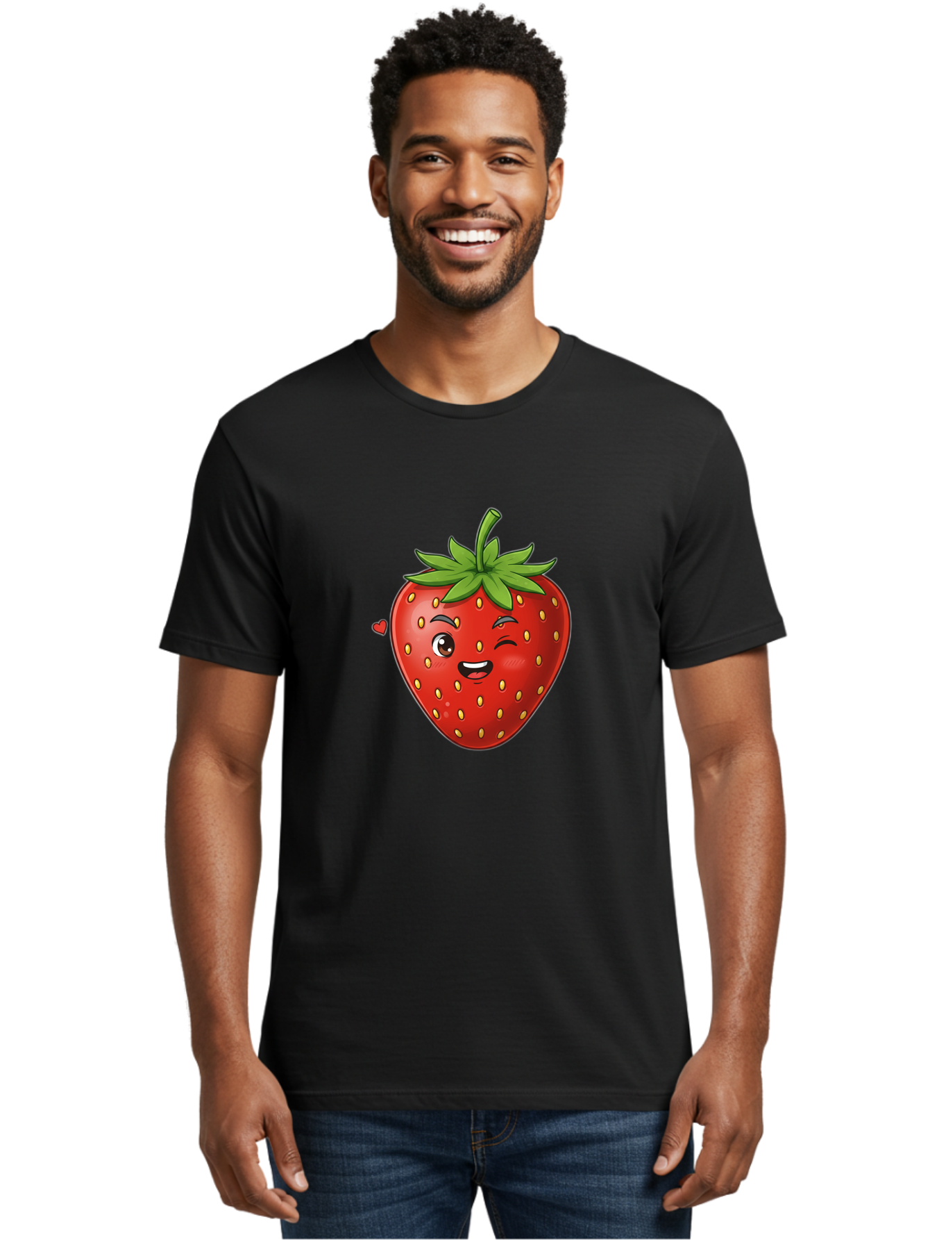 Winking-Strawberry Men'S Graphic Tee, 100% Cotton, Comfortable Casual Summer Wear, Machine Washable, Cartoon Strawberry, Winking Face, Cute Character, Red Fruit, Green Leaves, Yellow Seeds, Playful Vibe, Sweet Treat, Kawaii Icon, Bac567