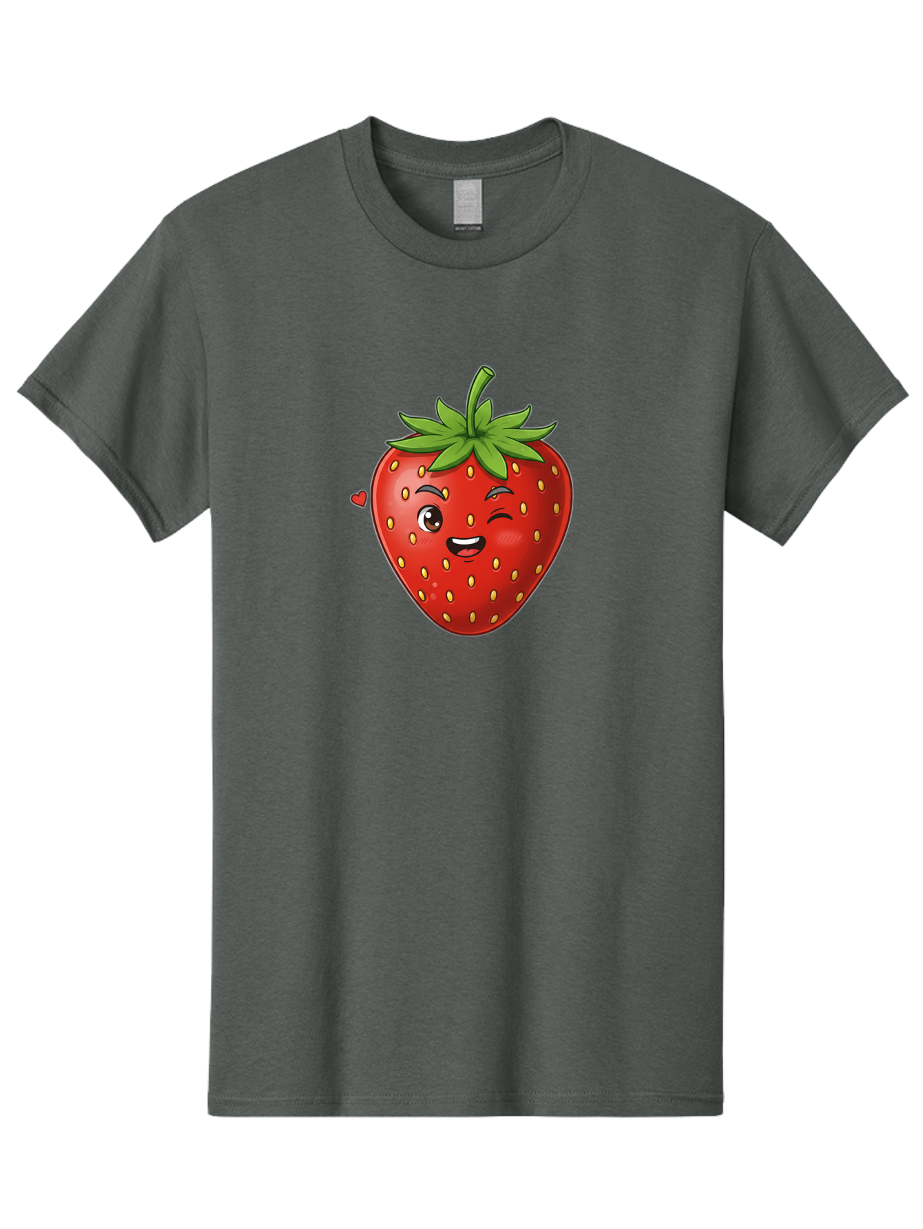 Winking-Strawberry Men'S Graphic Tee, 100% Cotton, Comfortable Casual Summer Wear, Machine Washable, Cartoon Strawberry, Winking Face, Cute Character, Red Fruit, Green Leaves, Yellow Seeds, Playful Vibe, Sweet Treat, Kawaii Icon, Bac567