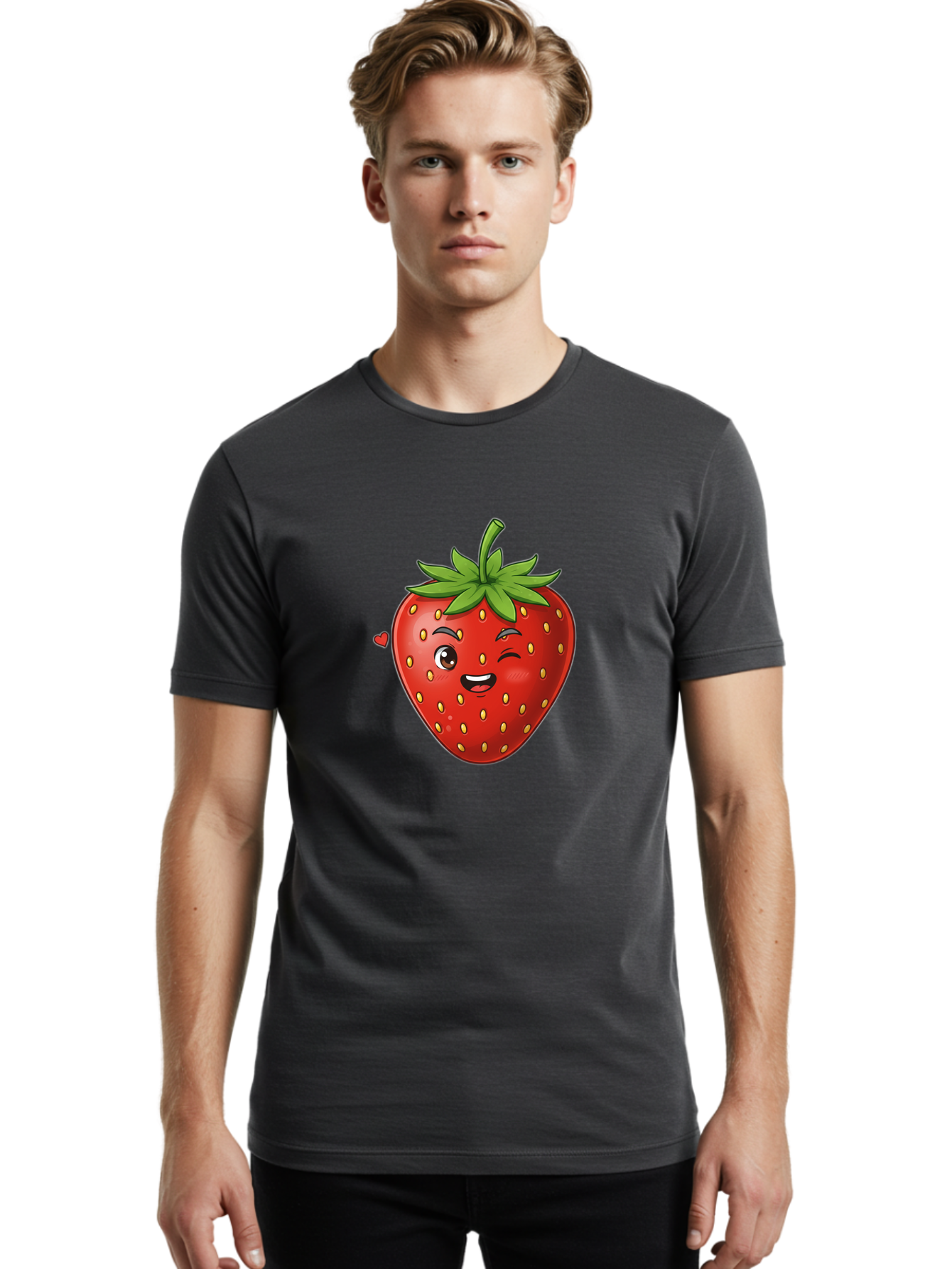 Winking-Strawberry Men'S Graphic Tee, 100% Cotton, Comfortable Casual Summer Wear, Machine Washable, Cartoon Strawberry, Winking Face, Cute Character, Red Fruit, Green Leaves, Yellow Seeds, Playful Vibe, Sweet Treat, Kawaii Icon, Bac567