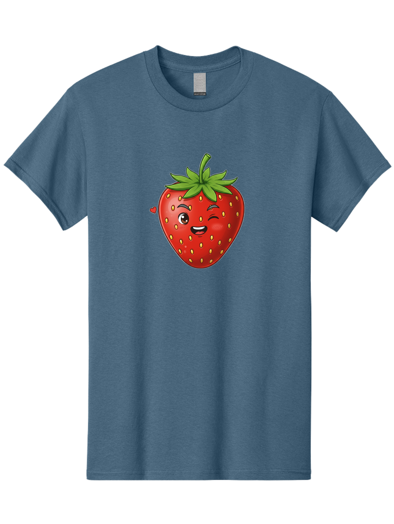 Winking-Strawberry Men'S Graphic Tee, 100% Cotton, Comfortable Casual Summer Wear, Machine Washable, Cartoon Strawberry, Winking Face, Cute Character, Red Fruit, Green Leaves, Yellow Seeds, Playful Vibe, Sweet Treat, Kawaii Icon, Bac567