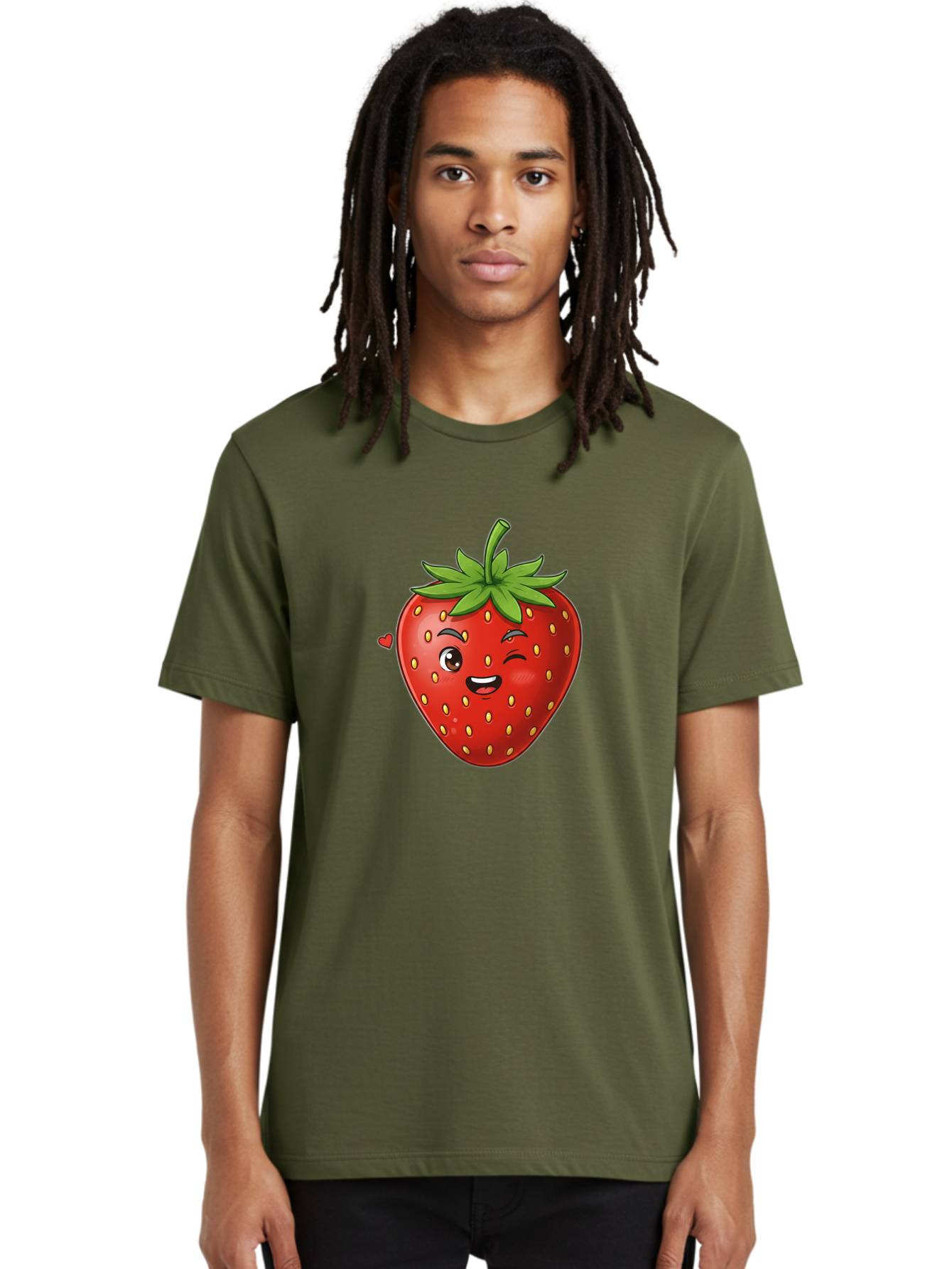 Winking-Strawberry Men'S Graphic Tee, 100% Cotton, Comfortable Casual Summer Wear, Machine Washable, Cartoon Strawberry, Winking Face, Cute Character, Red Fruit, Green Leaves, Yellow Seeds, Playful Vibe, Sweet Treat, Kawaii Icon, Bac567