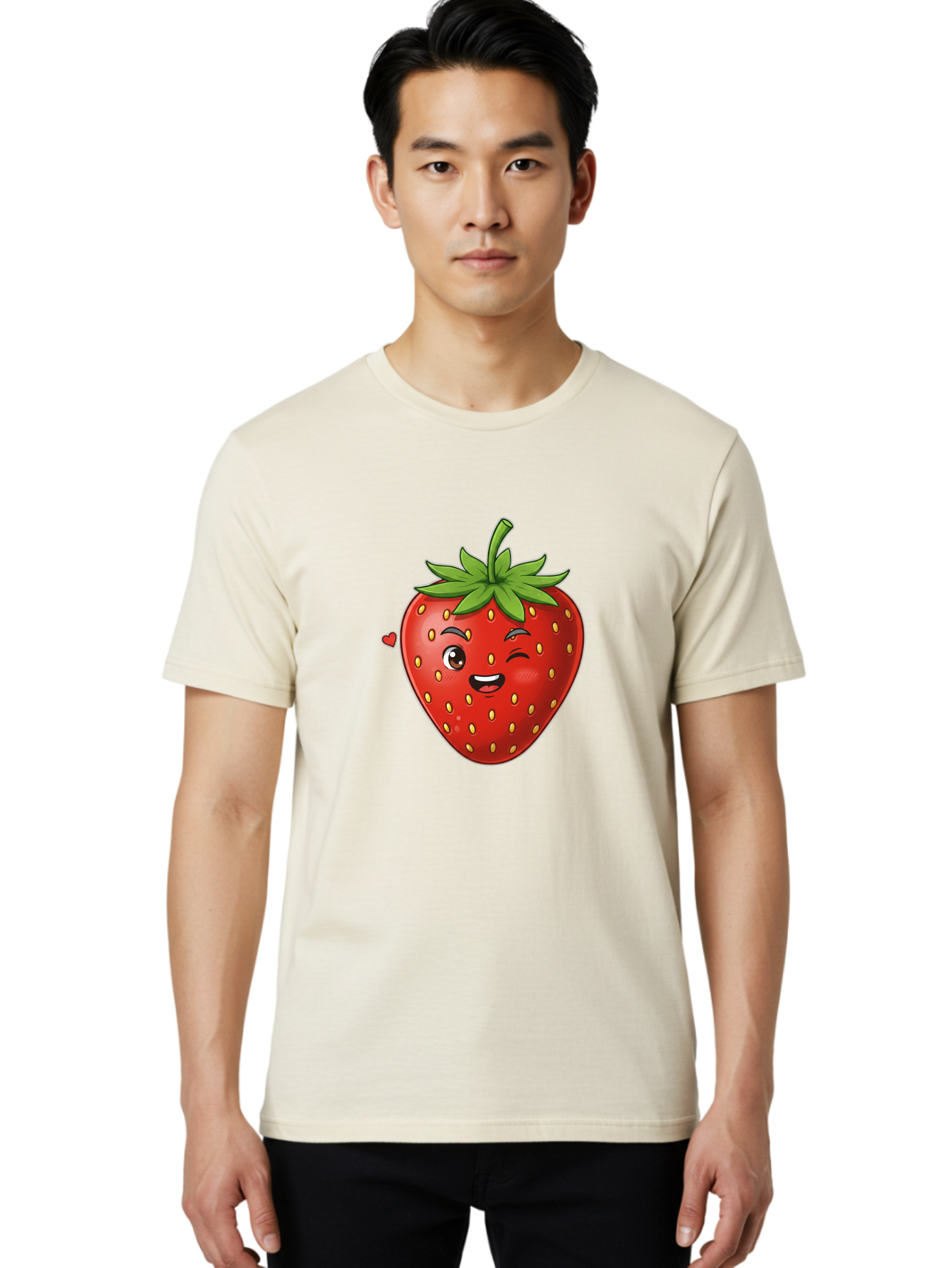 Winking-Strawberry Men'S Graphic Tee, 100% Cotton, Comfortable Casual Summer Wear, Machine Washable, Cartoon Strawberry, Winking Face, Cute Character, Red Fruit, Green Leaves, Yellow Seeds, Playful Vibe, Sweet Treat, Kawaii Icon, Bac567