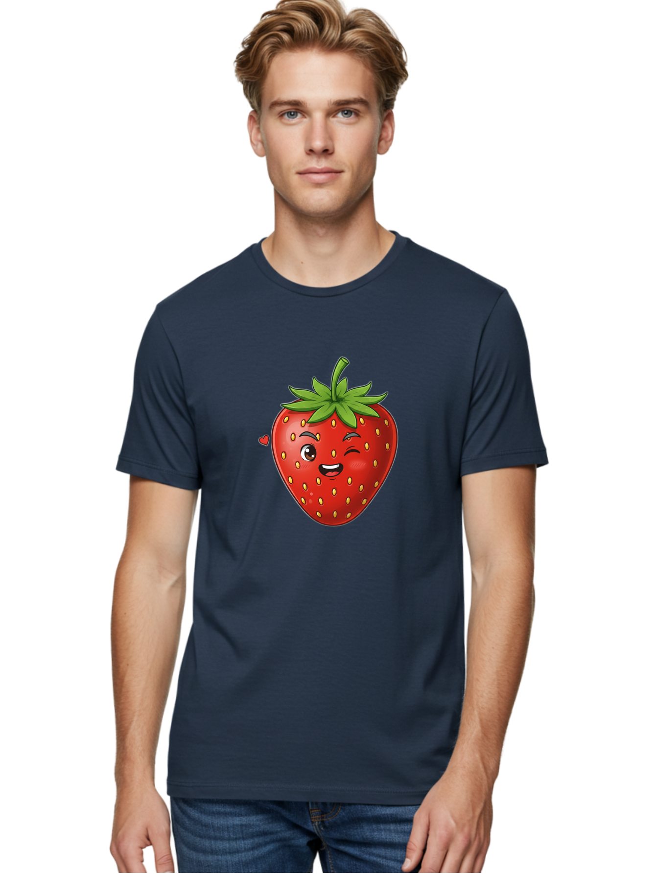 Winking-Strawberry Men'S Graphic Tee, 100% Cotton, Comfortable Casual Summer Wear, Machine Washable, Cartoon Strawberry, Winking Face, Cute Character, Red Fruit, Green Leaves, Yellow Seeds, Playful Vibe, Sweet Treat, Kawaii Icon, Bac567