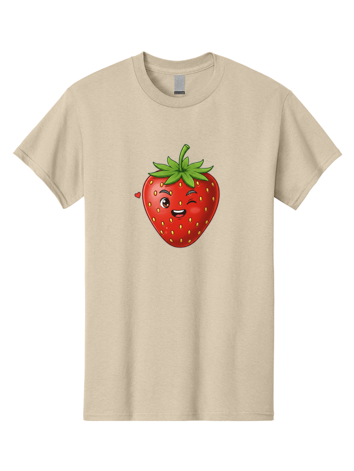 Winking-Strawberry Men'S Graphic Tee, 100% Cotton, Comfortable Casual Summer Wear, Machine Washable, Cartoon Strawberry, Winking Face, Cute Character, Red Fruit, Green Leaves, Yellow Seeds, Playful Vibe, Sweet Treat, Kawaii Icon, Bac567