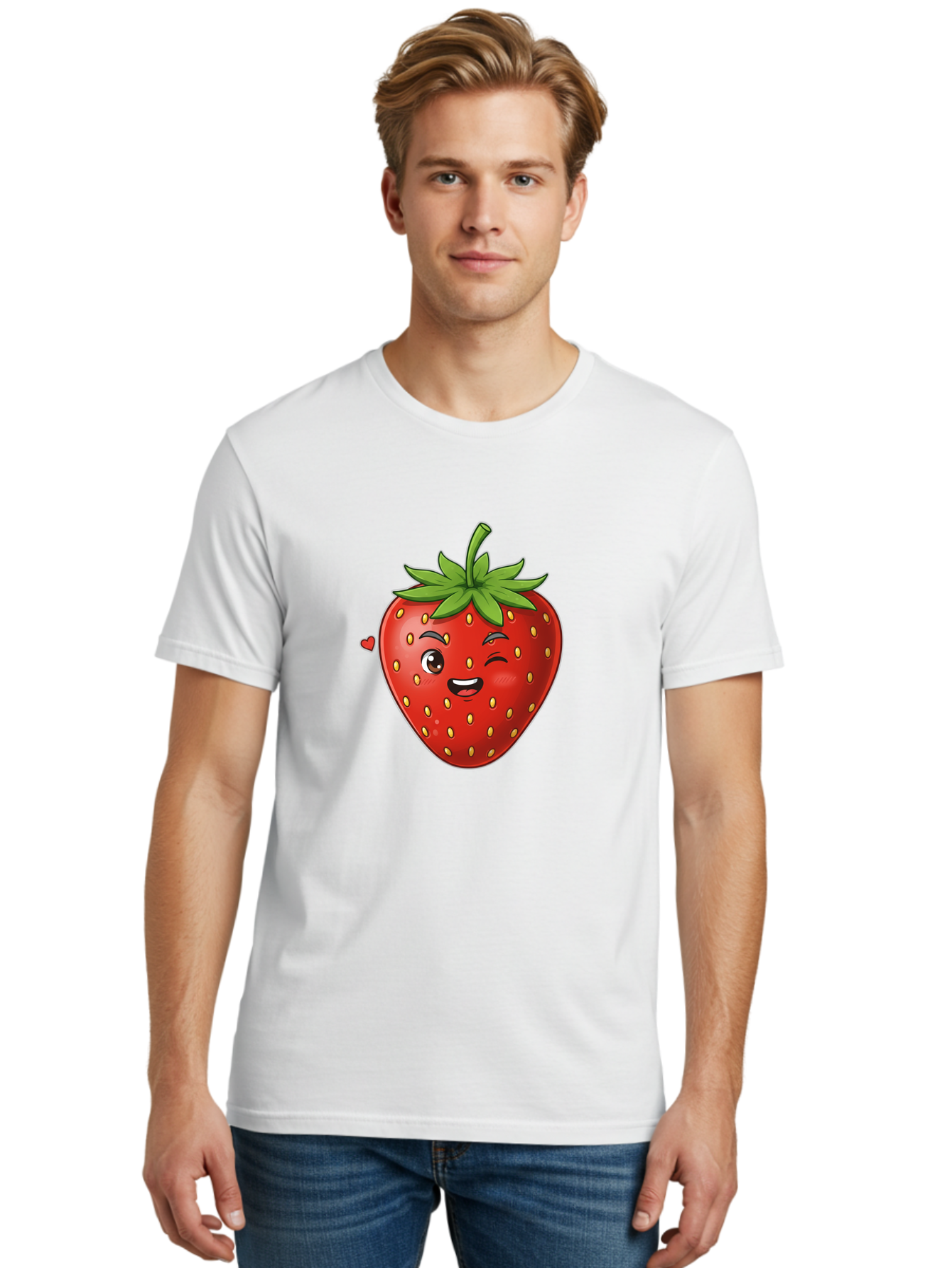Winking-Strawberry Men'S Graphic Tee, 100% Cotton, Comfortable Casual Summer Wear, Machine Washable, Cartoon Strawberry, Winking Face, Cute Character, Red Fruit, Green Leaves, Yellow Seeds, Playful Vibe, Sweet Treat, Kawaii Icon, Bac567