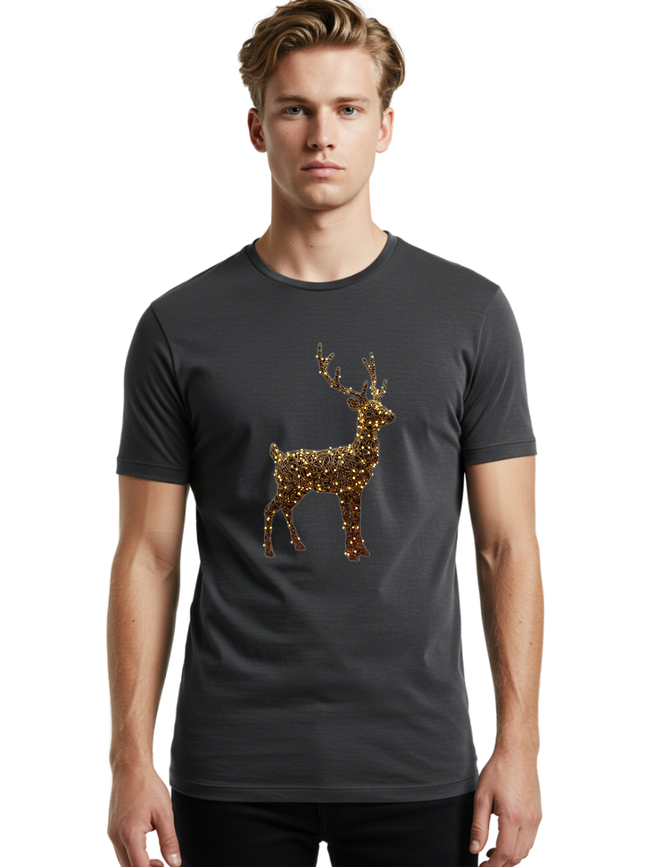 Wire-Reindeer Men'S Graphic Tee, 100% Cotton, Comfortable Casual Summer Wear, Machine Washable, Reindeer Decoration, Christmas Lights, Festive Decor, Holiday Display, Glowing Reindeer, Christmas Decoration, Outdoor Decor, Winter Wonderland Bac568