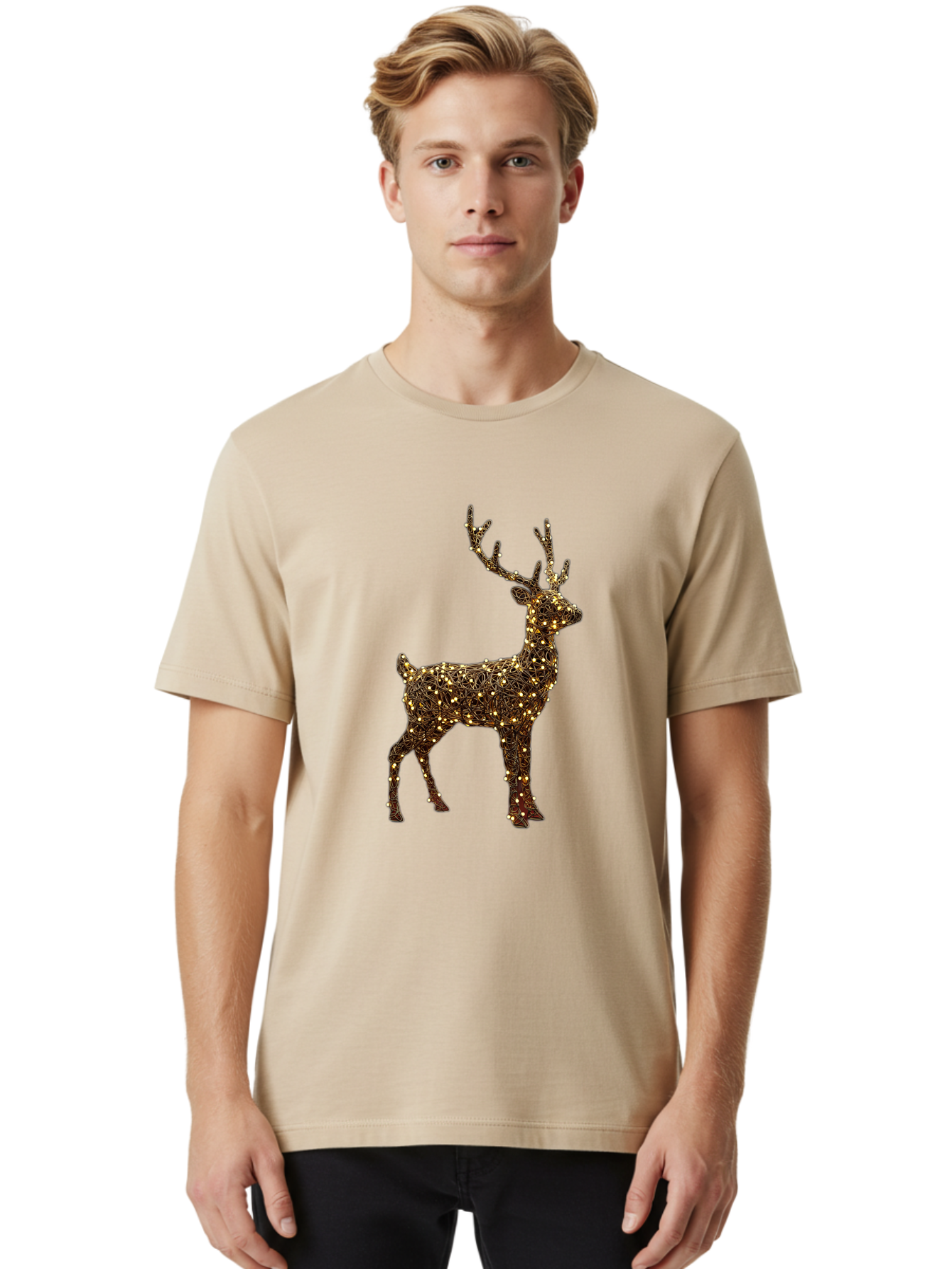 Wire-Reindeer Men'S Graphic Tee, 100% Cotton, Comfortable Casual Summer Wear, Machine Washable, Reindeer Decoration, Christmas Lights, Festive Decor, Holiday Display, Glowing Reindeer, Christmas Decoration, Outdoor Decor, Winter Wonderland Bac568