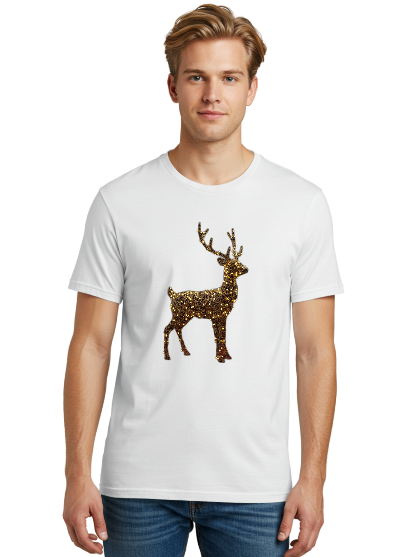 Wire-Reindeer Men'S Graphic Tee, 100% Cotton, Comfortable Casual Summer Wear, Machine Washable, Reindeer Decoration, Christmas Lights, Festive Decor, Holiday Display, Glowing Reindeer, Christmas Decoration, Outdoor Decor, Winter Wonderland Bac568