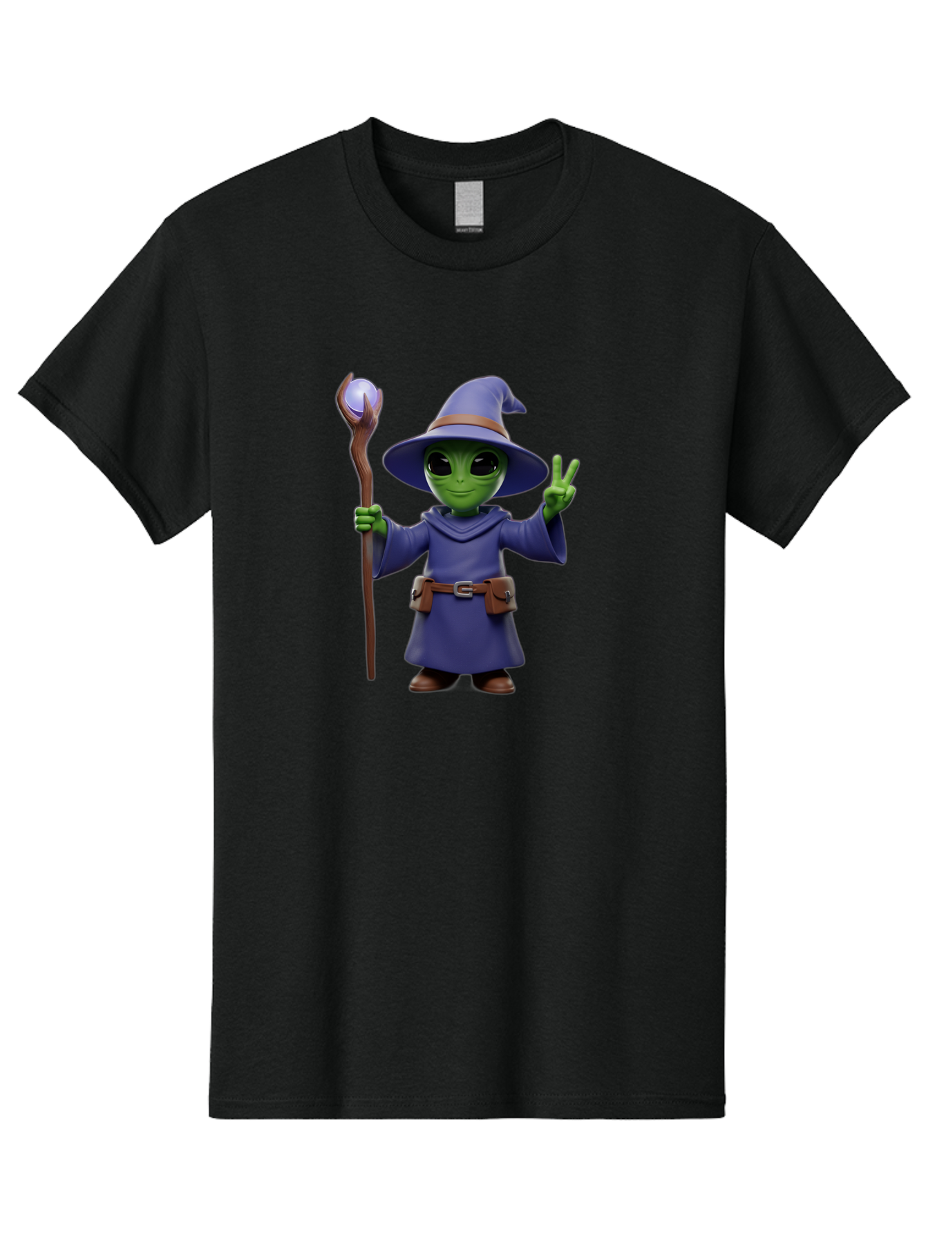 Wizard-Alien Men'S Graphic Tee, 100% Cotton, Comfortable Casual Summer Wear, Machine Washable, Cartoon Wizard, Alien Character, Fantasy Creature, Green Skin, Purple Robes, Magic Staff, Peace Sign, Mystical Powers, Otherworldly Being, Bac569