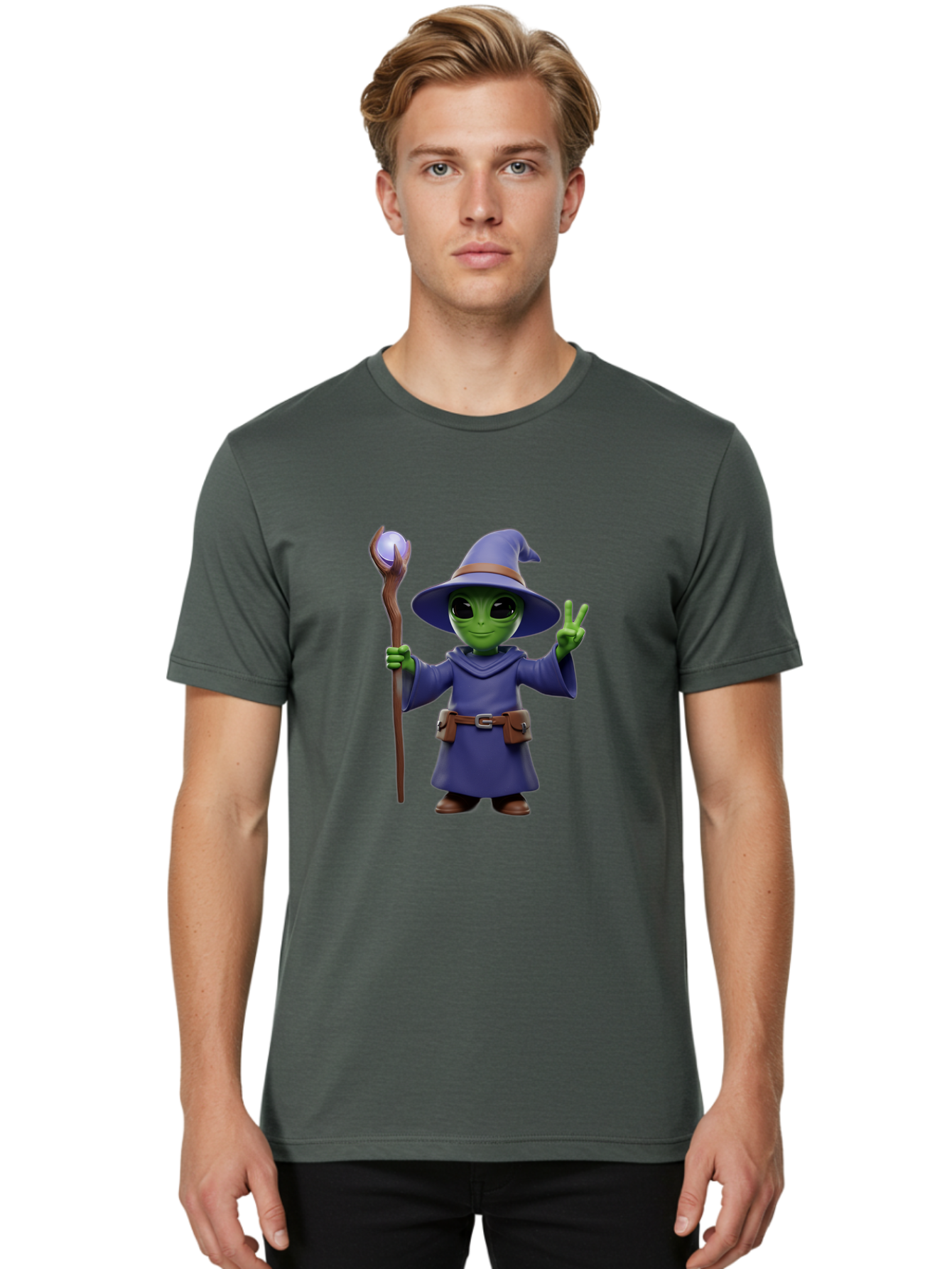 Wizard-Alien Men'S Graphic Tee, 100% Cotton, Comfortable Casual Summer Wear, Machine Washable, Cartoon Wizard, Alien Character, Fantasy Creature, Green Skin, Purple Robes, Magic Staff, Peace Sign, Mystical Powers, Otherworldly Being, Bac569